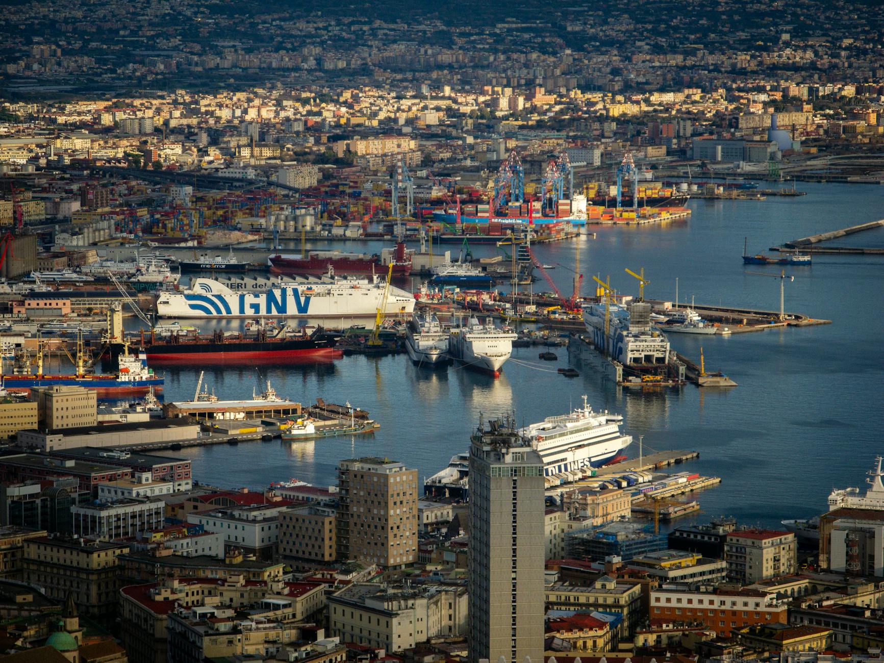 Aerial view of the busy port in Naples