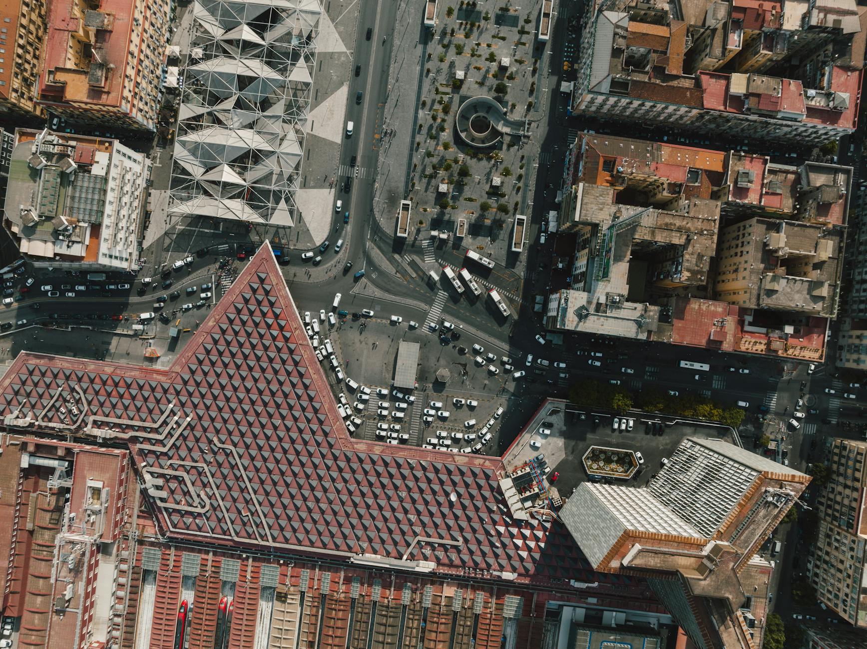 Aerial view of busy Naples streets and modern traffic patterns