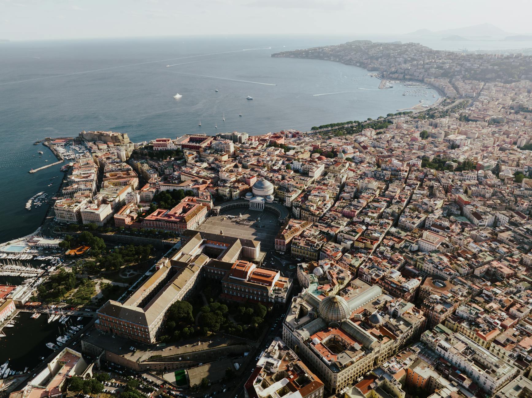 Aerial view of Naples coastal cityscape and landmarks