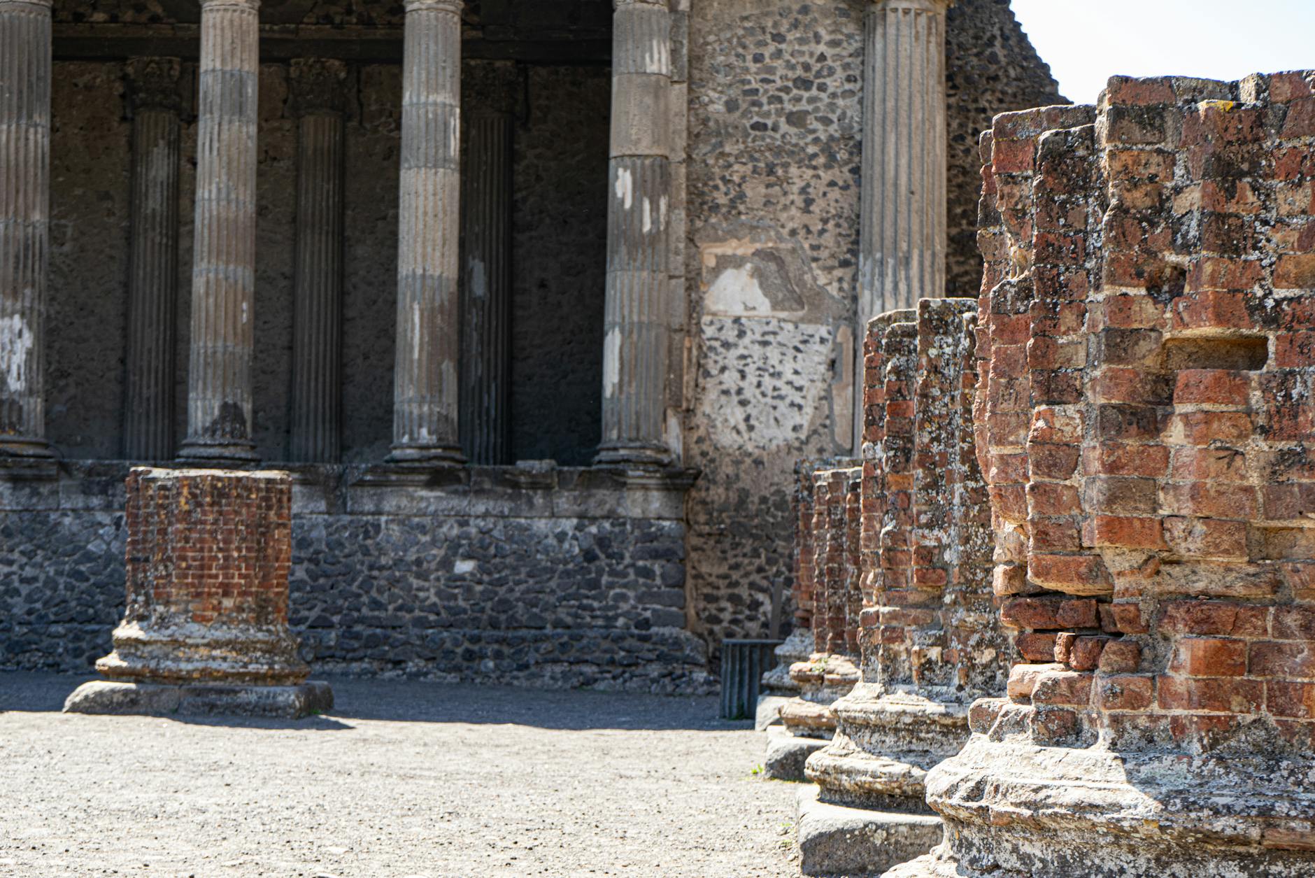 Sunlit ancient columns in Pompeii