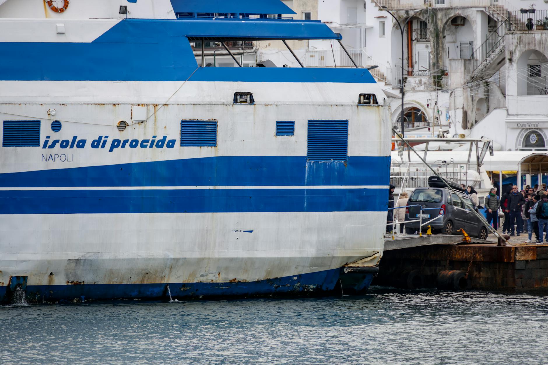 Ferry docked at Procida Island near Naples