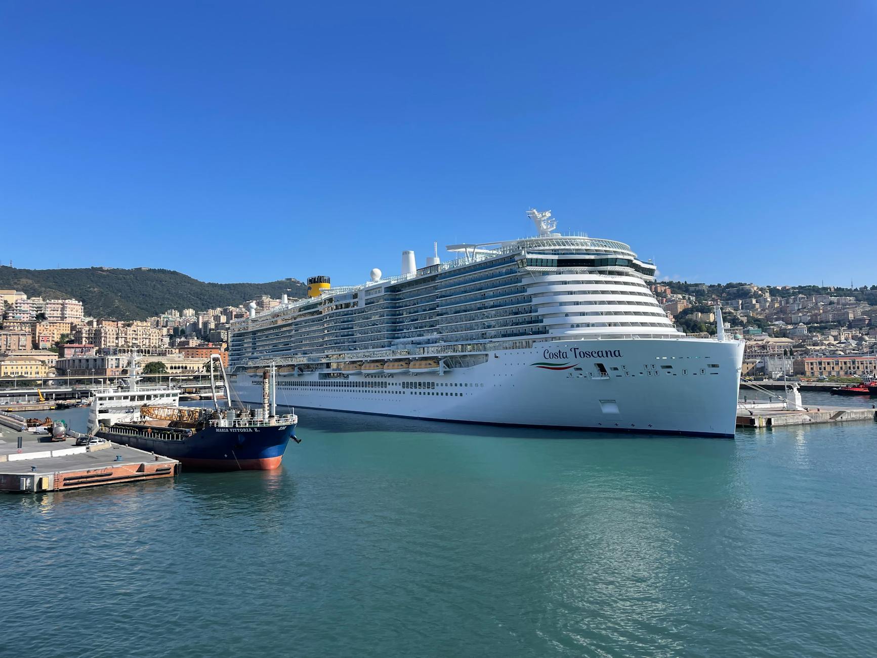 Large cruise ship docked at a coastal harbor