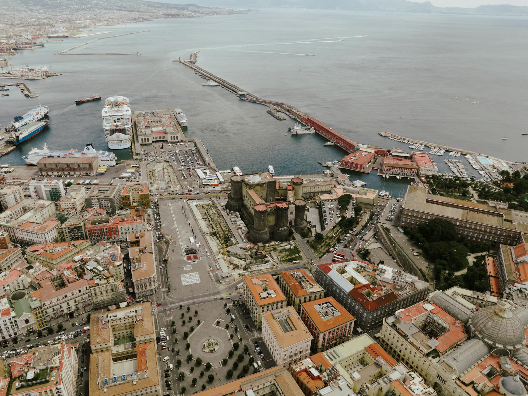 Aerial view of Naples port and Castel Nuovo