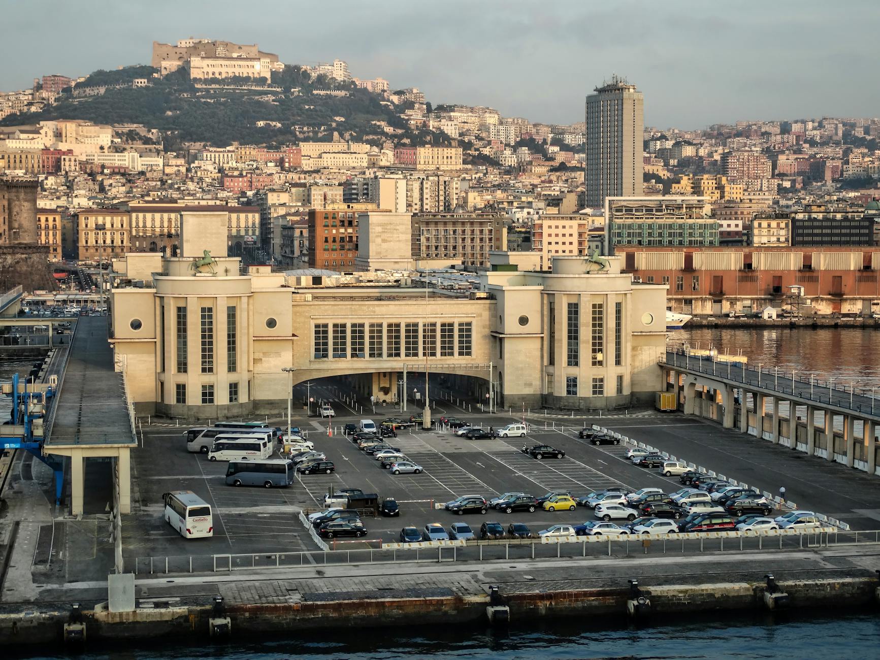 Panoramic view of Naples harbor and Castle Sant'Elmo