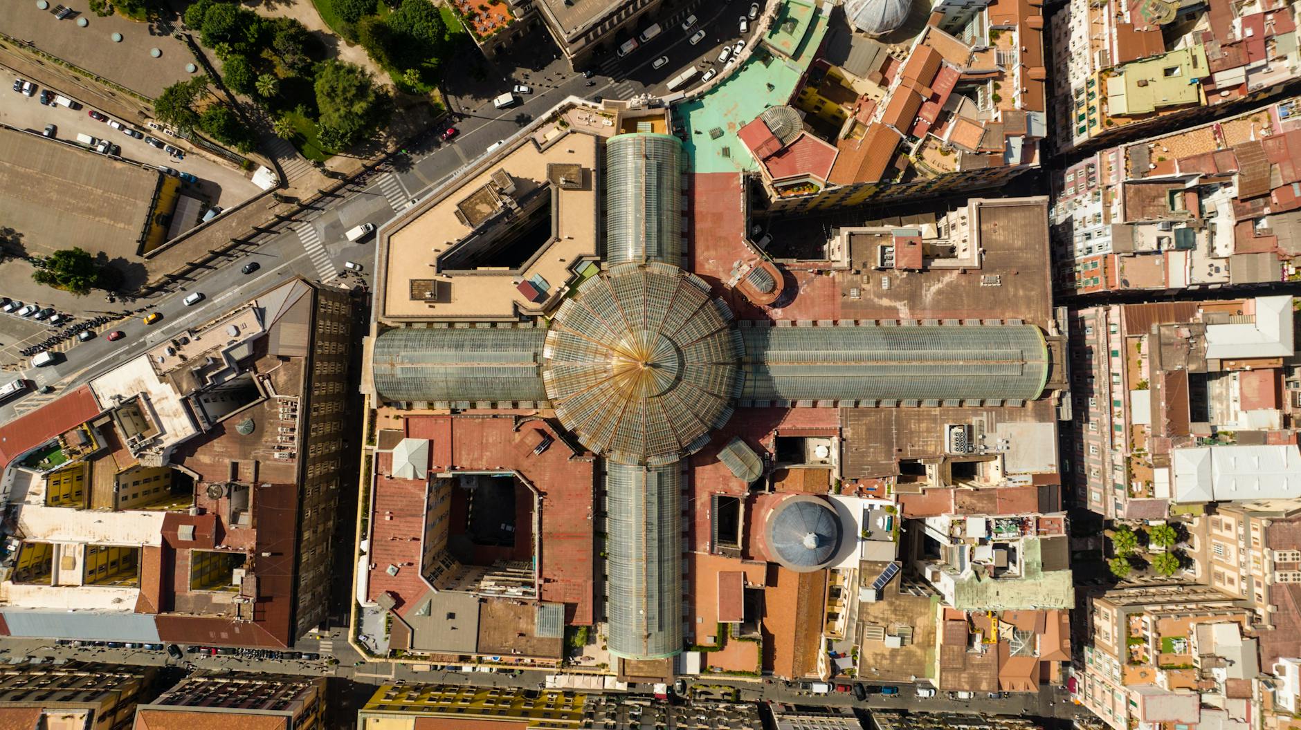 Top-down view of a historic Naples street intersection
