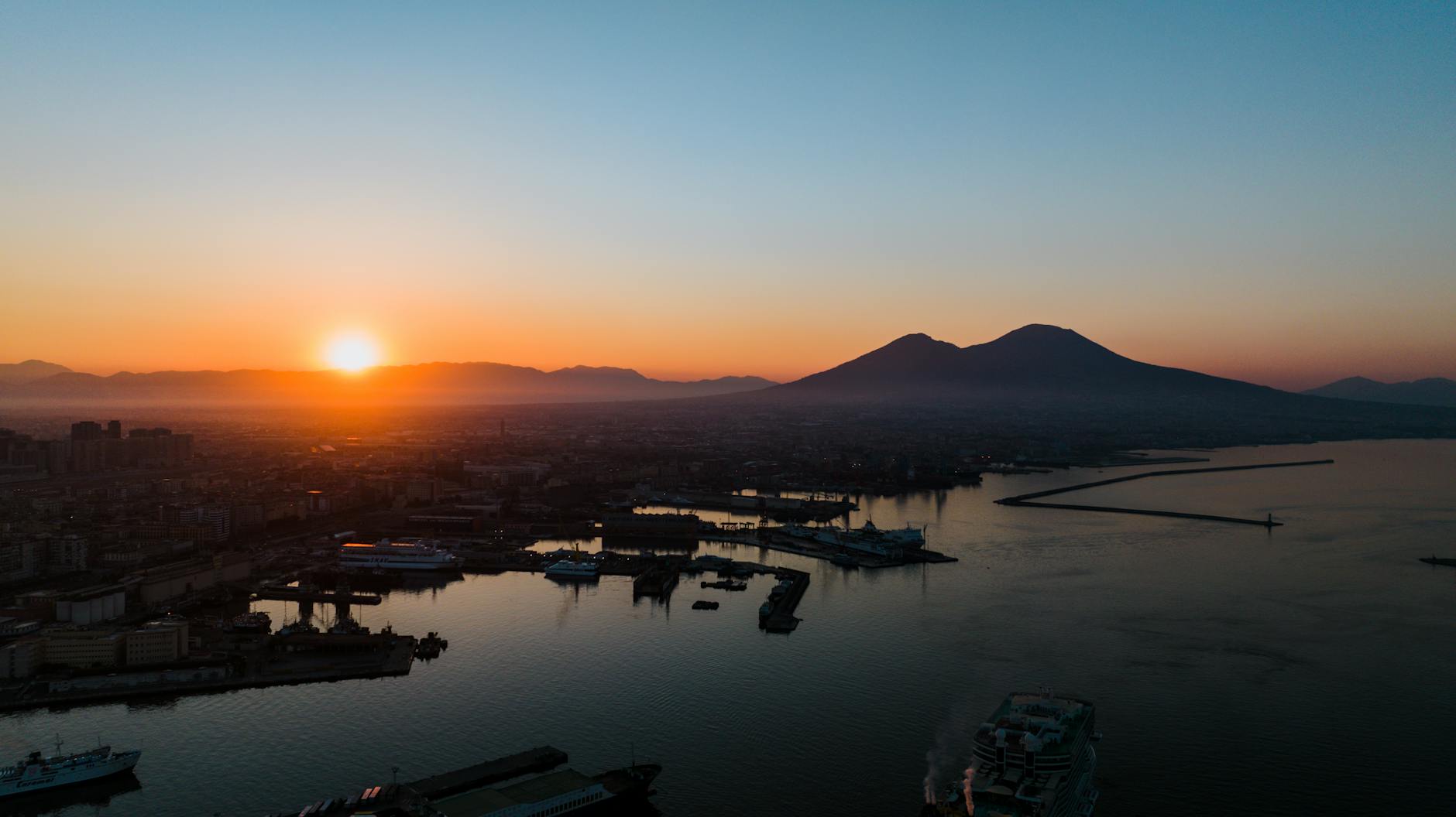 Sunset over Naples harbor with Mount Vesuvius