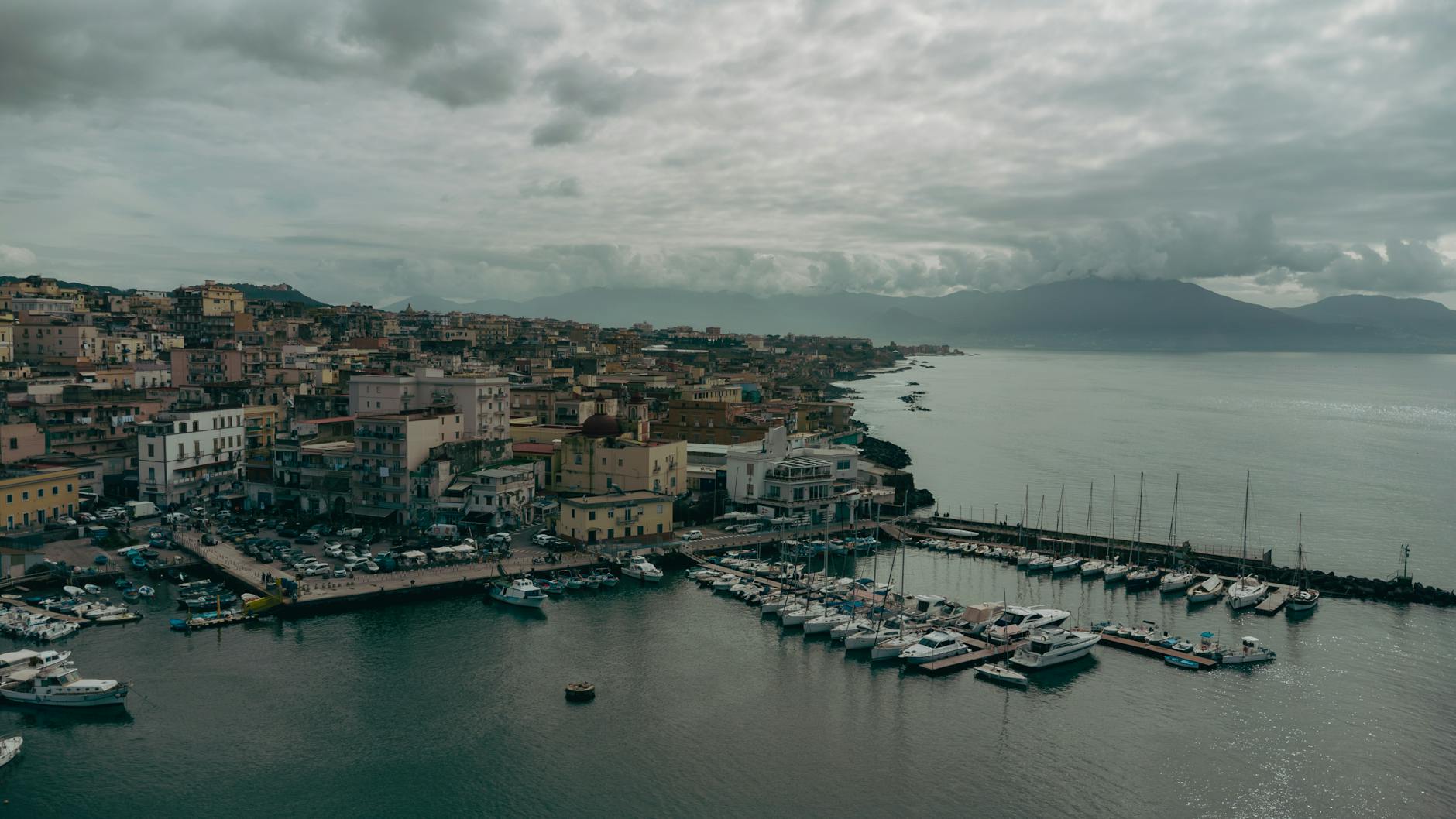 Aerial view of Naples port and coastline
