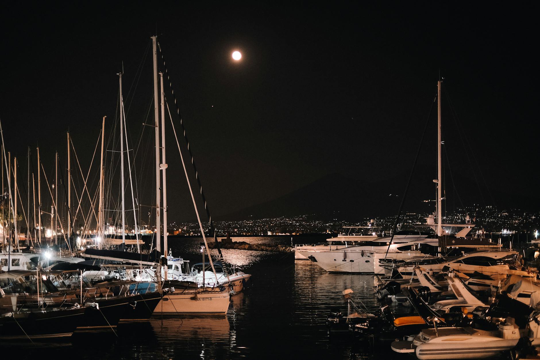 Moonlit marina with yachts and city lights