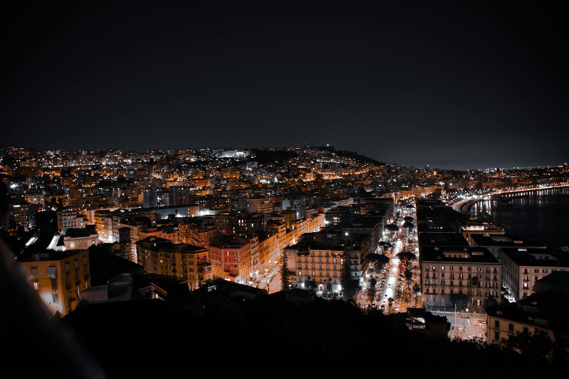 Night skyline of Naples with illuminated streets