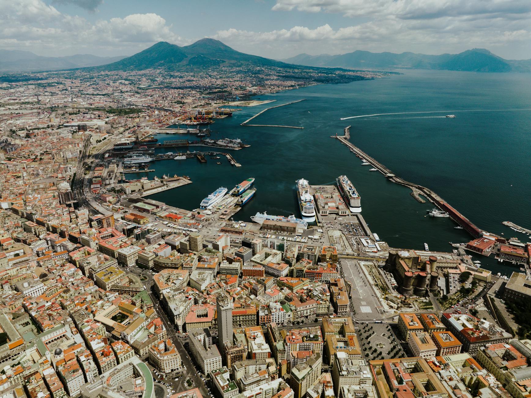 Aerial view of Naples harbor with Mount Vesuvius