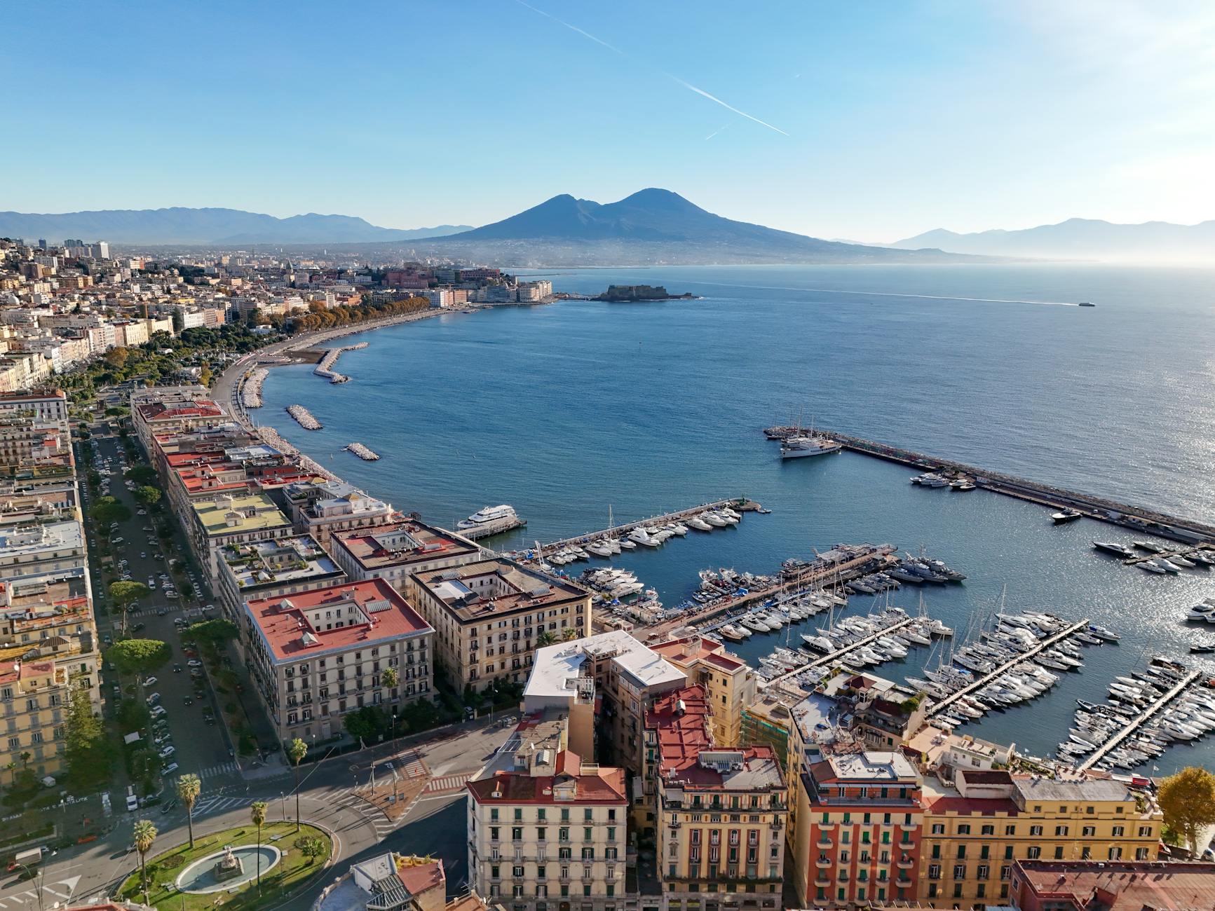 Aerial view of Naples, marina, and Mount Vesuvius