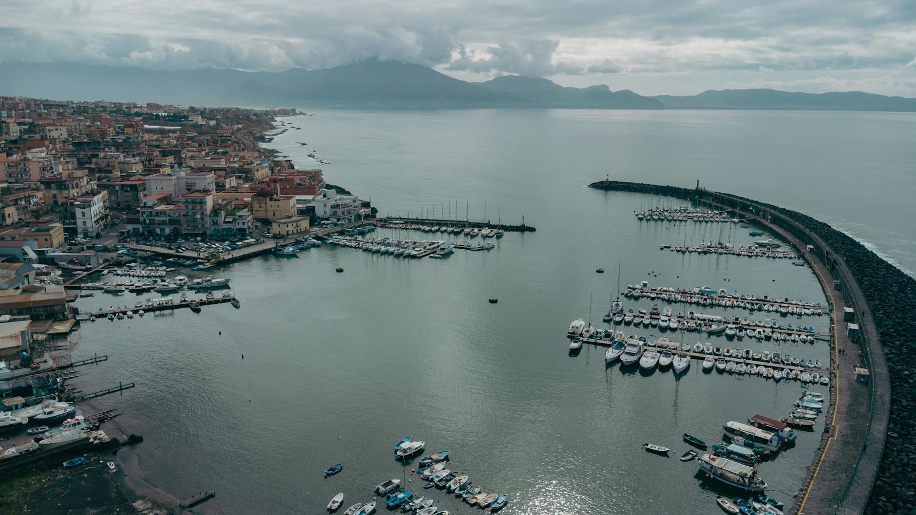 Aerial view of the Bay of Naples with Mount Vesuvius