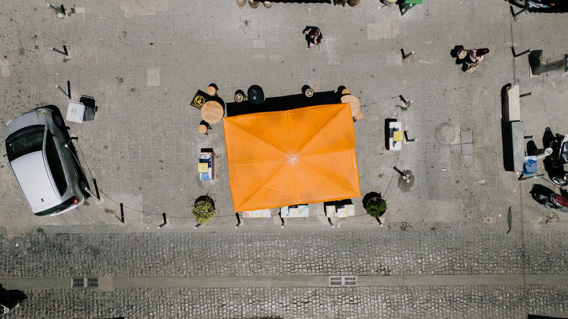Aerial view of a street cafe canopy in Napoli