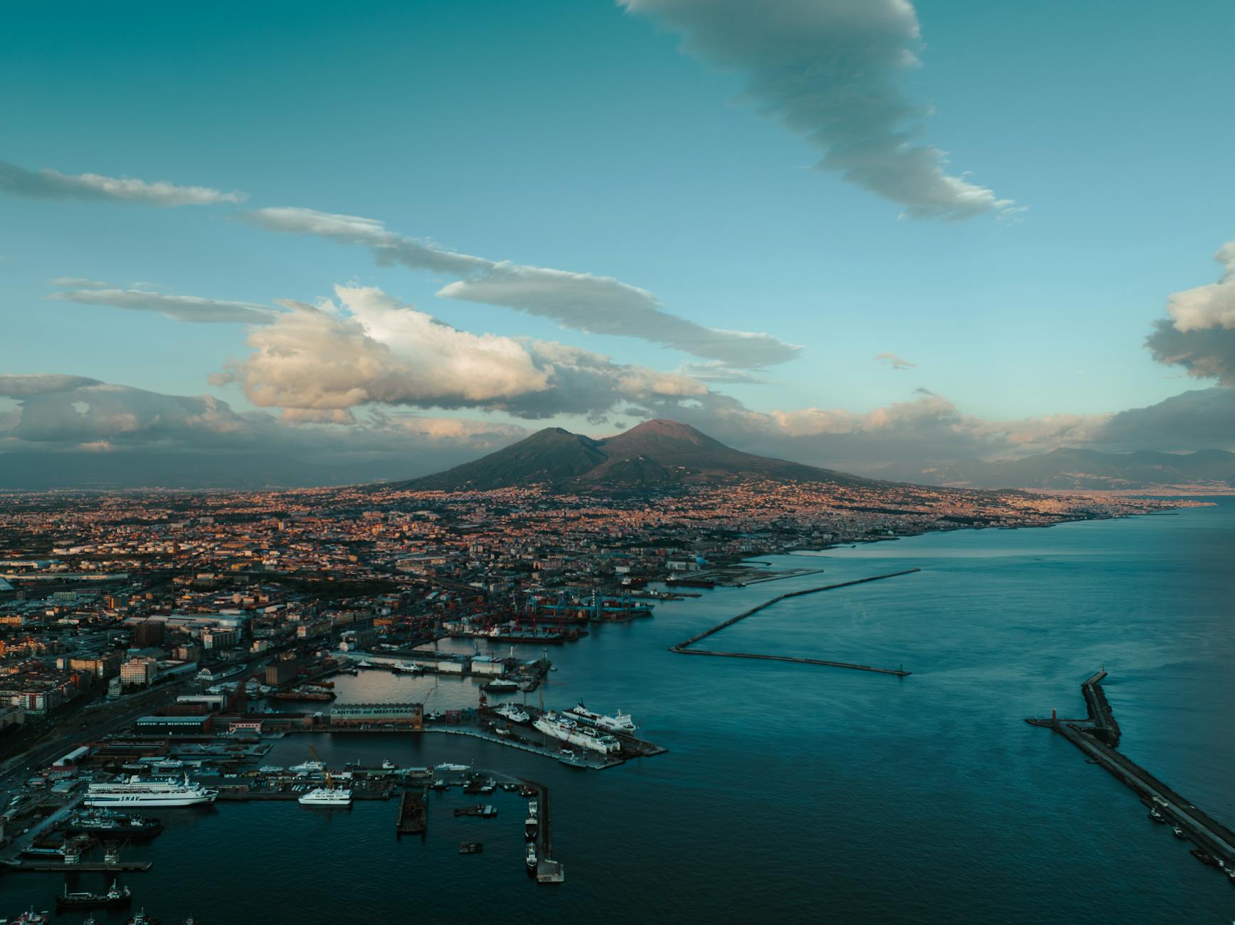 Aerial panorama of Naples port and Mount Vesuvius
