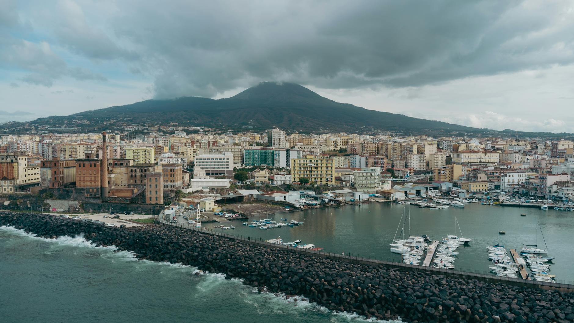 Aerial view of Naples harbor and Mount Vesuvius