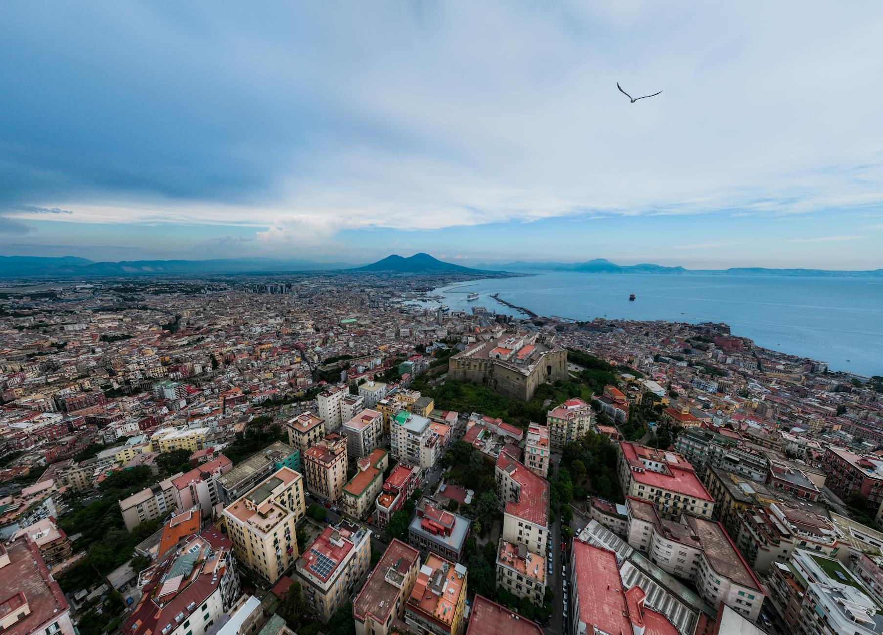 Aerial view of Naples, the Gulf of Naples, and Mount Vesuvius