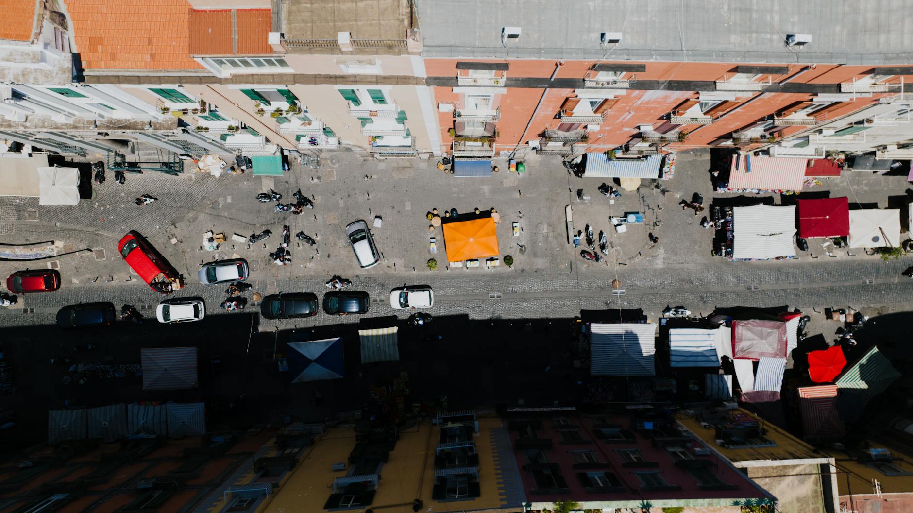 Aerial view of a busy market street in Naples