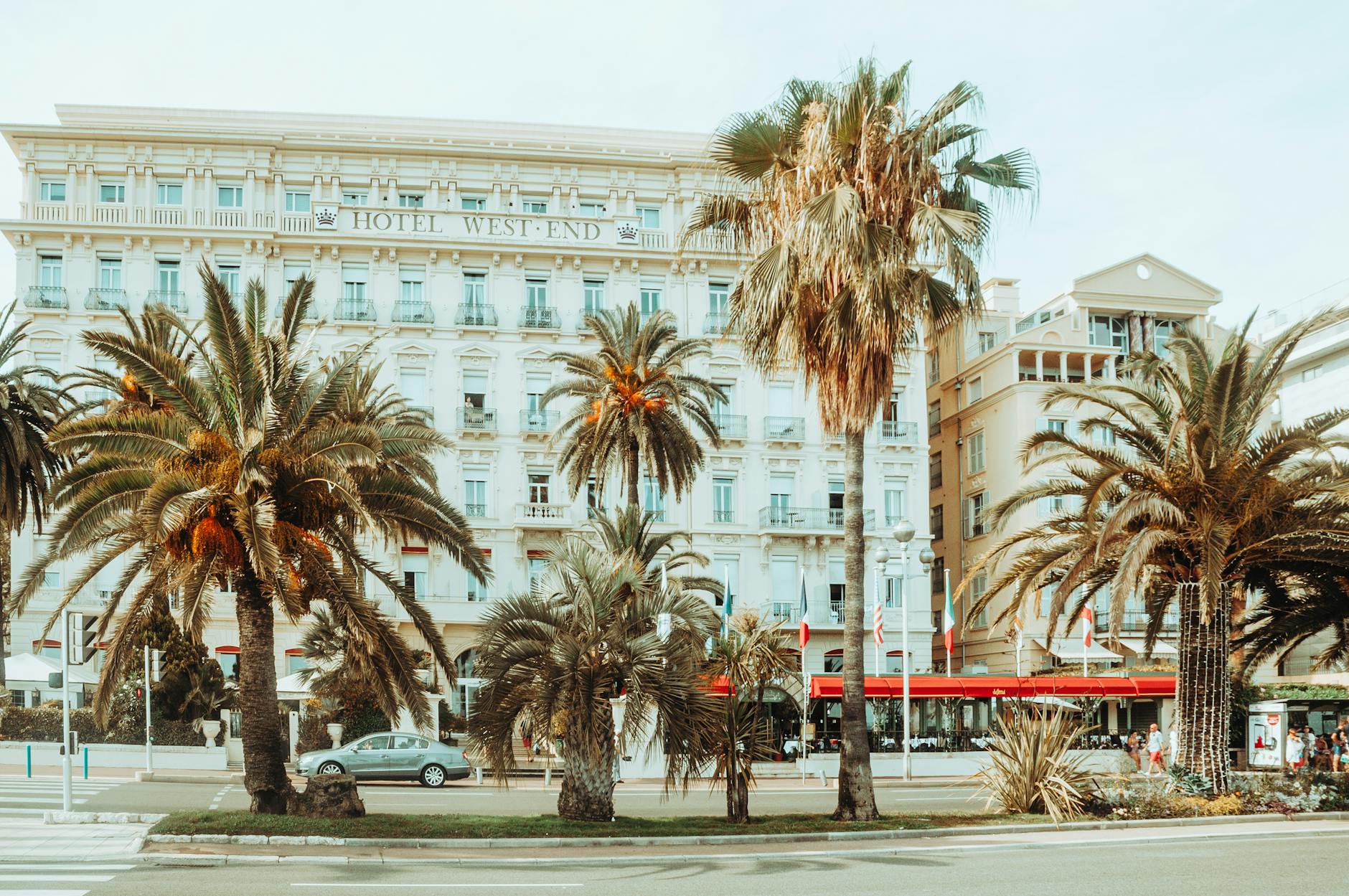 Palm trees and hotel facade in central Nice
