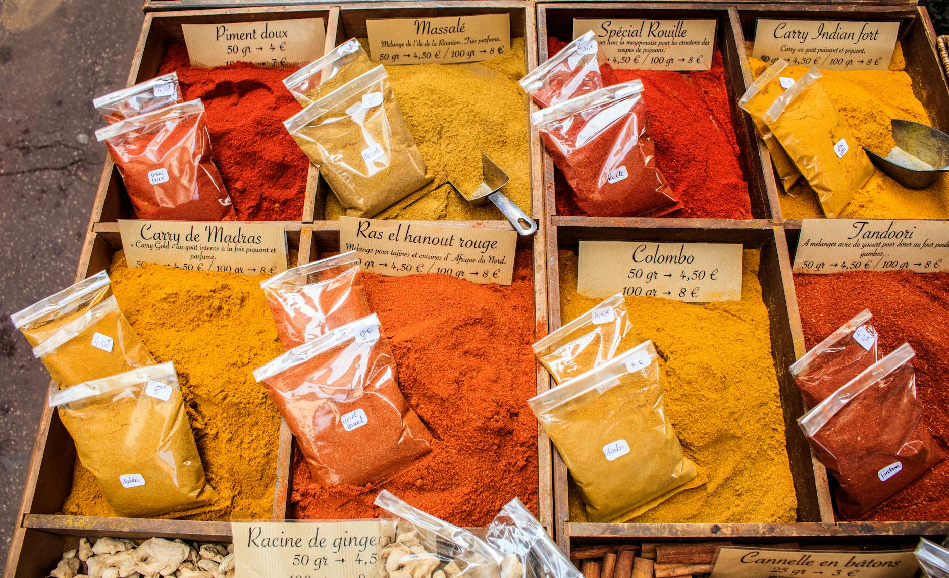 Colorful spices displayed at a market in Nice