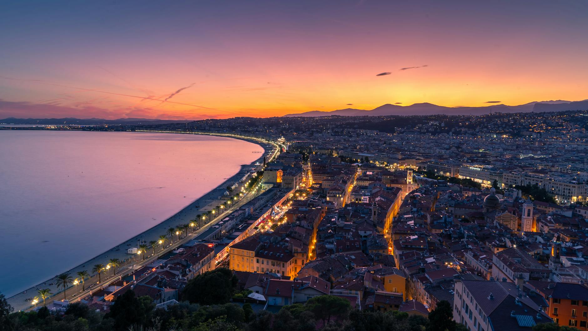 Sunset view over Nice and the Mediterranean coastline