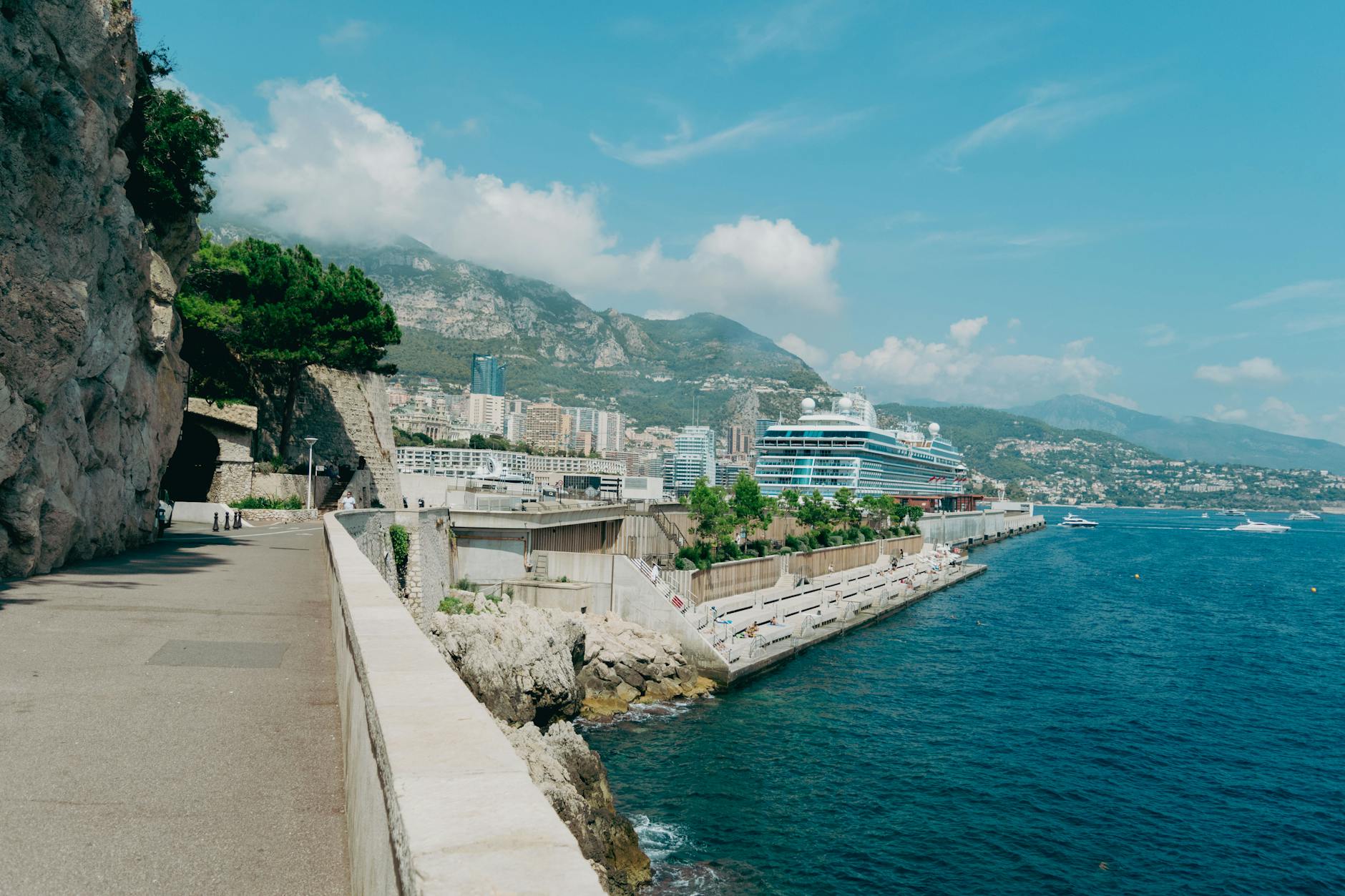 Monaco coastline with a cruise ship and Mediterranean water
