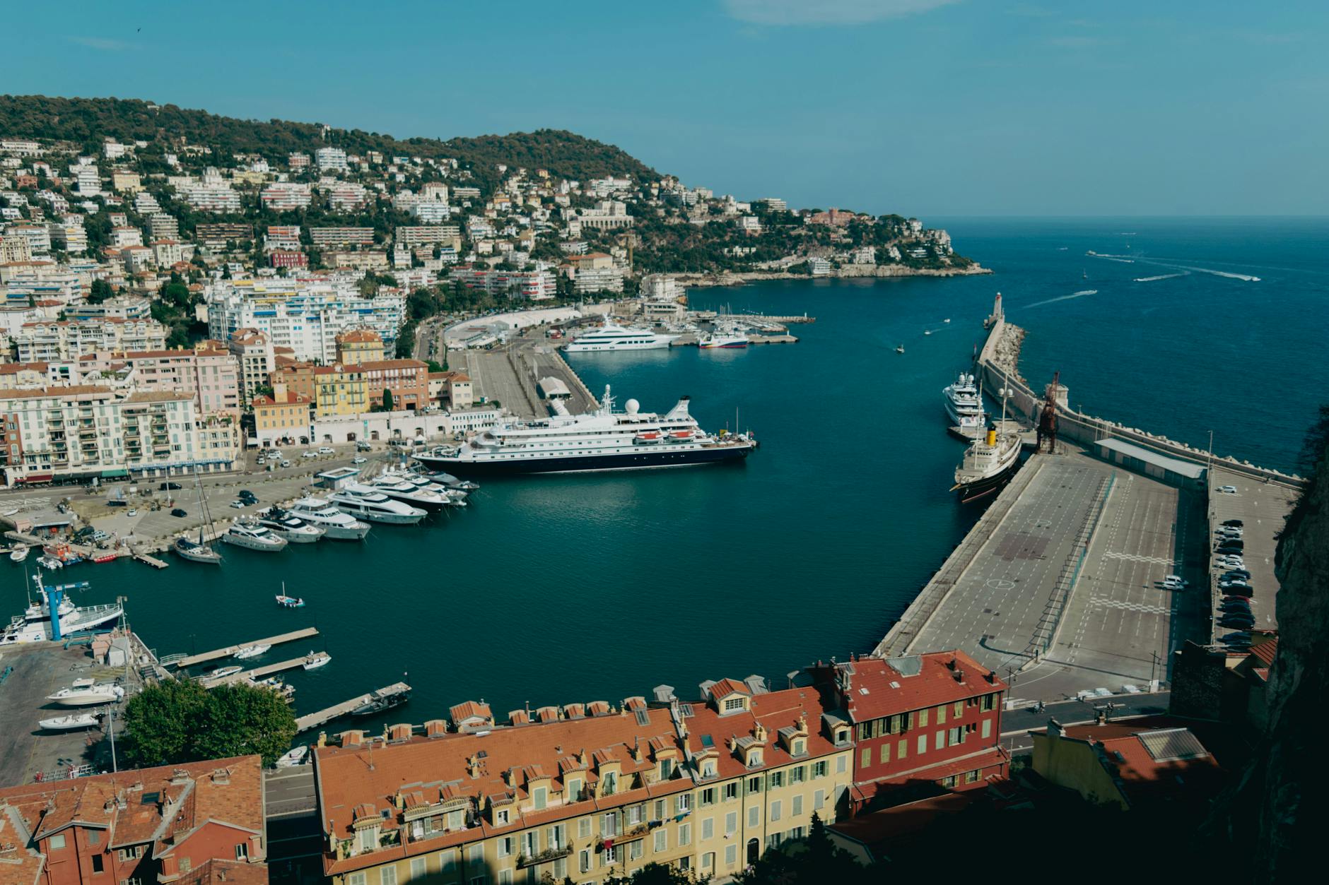 Aerial view of Nice harbor with yachts and Mediterranean water