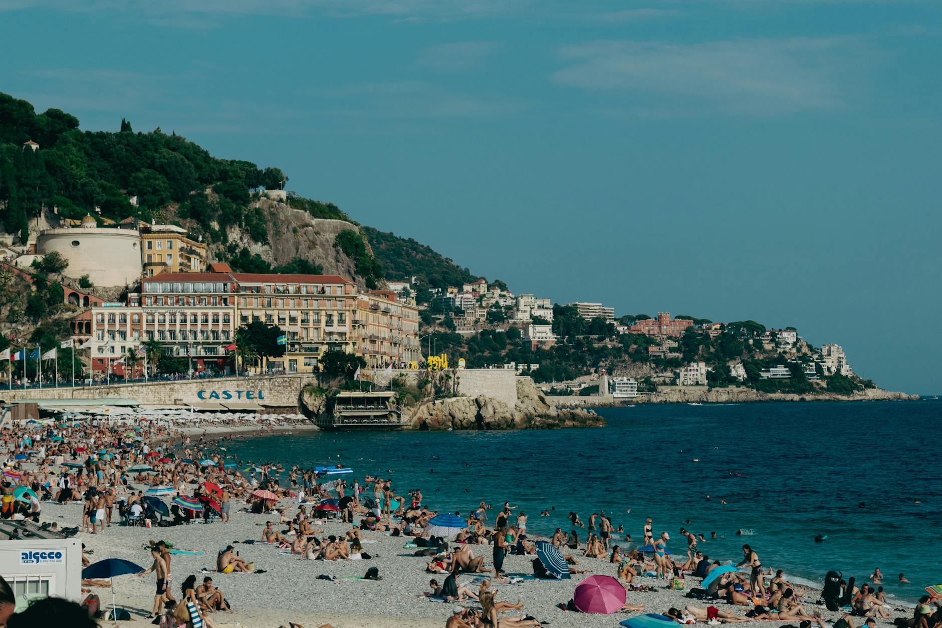 Crowded beach in Nice on a sunny day
