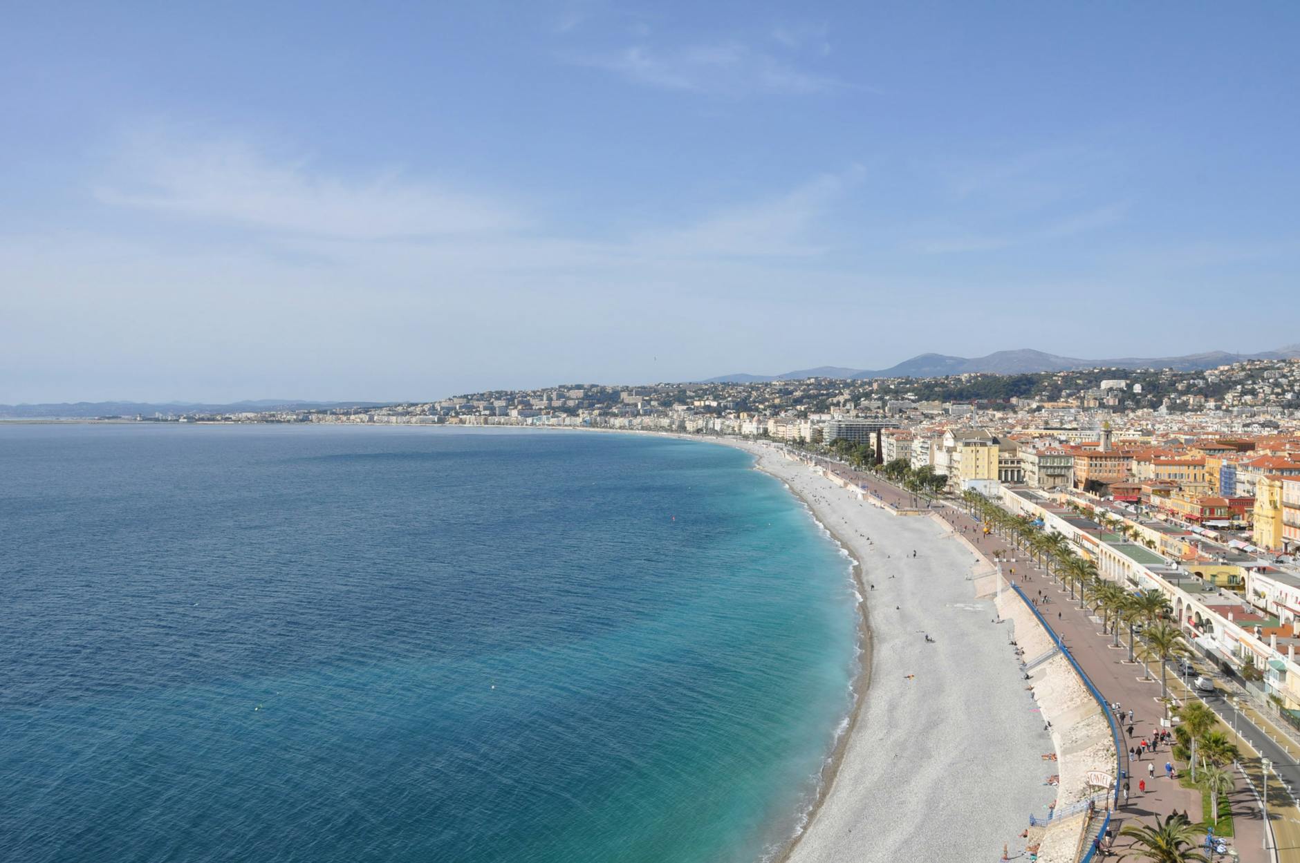 Aerial view of Nice beachfront and city coastline
