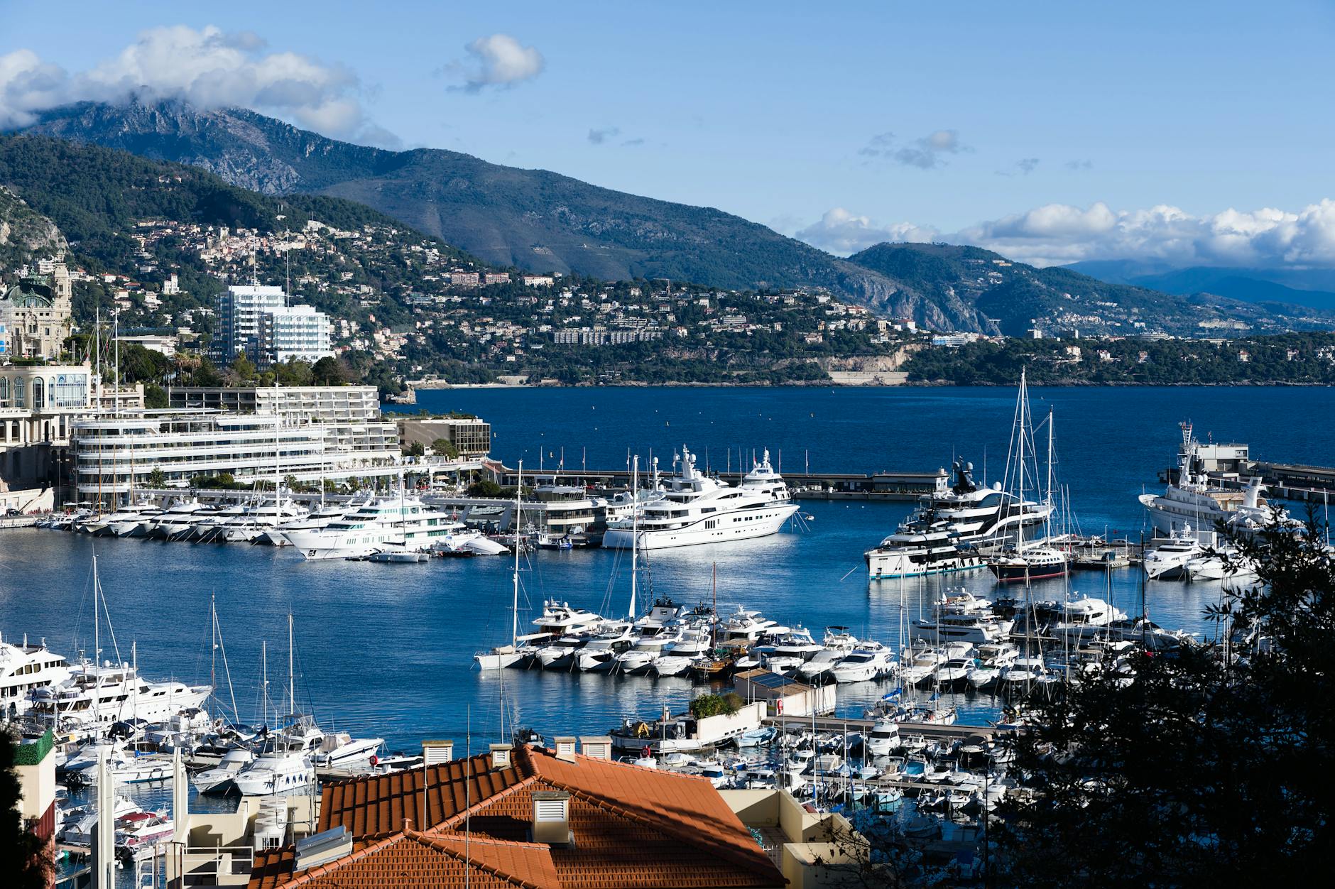 Monaco marina with luxury yachts and Mediterranean backdrop