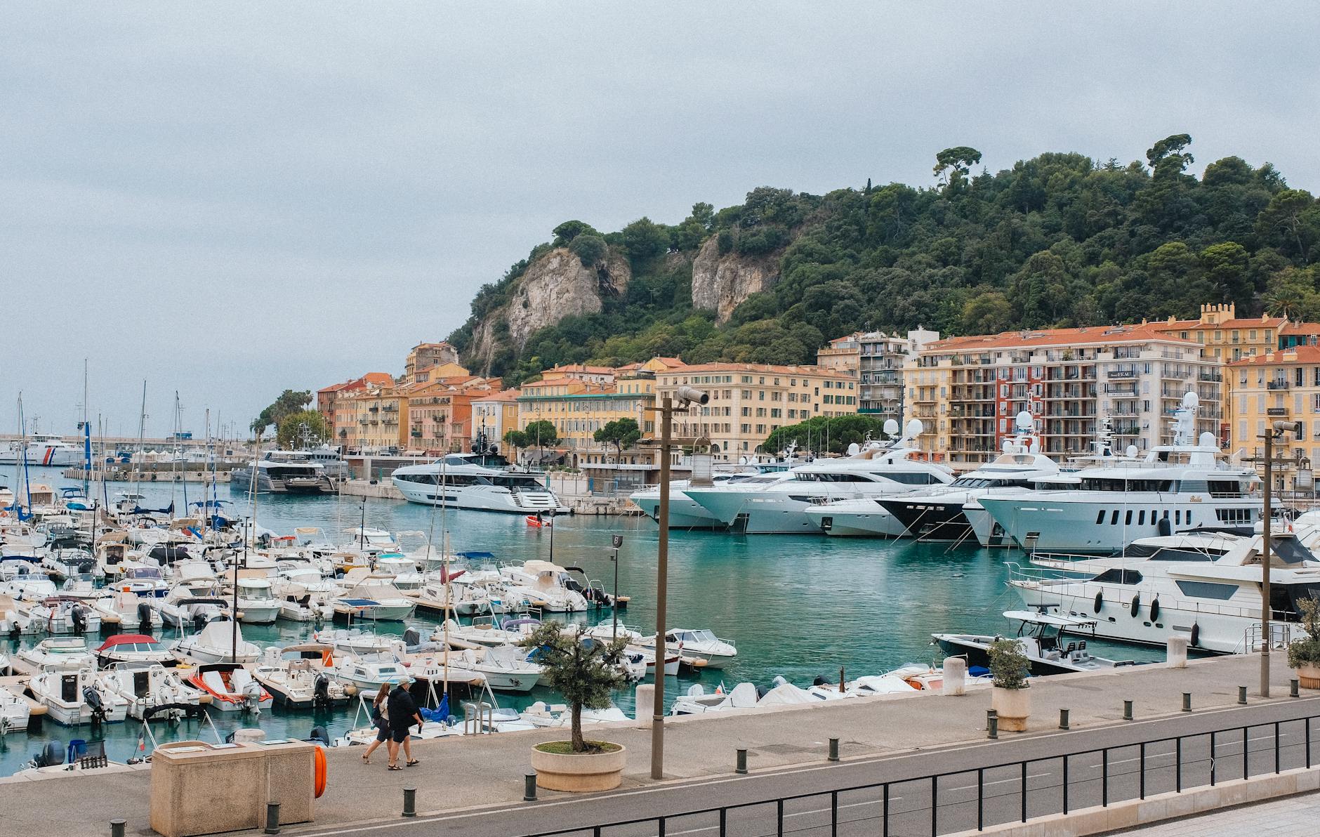 Marina in Nice with yachts and waterfront buildings
