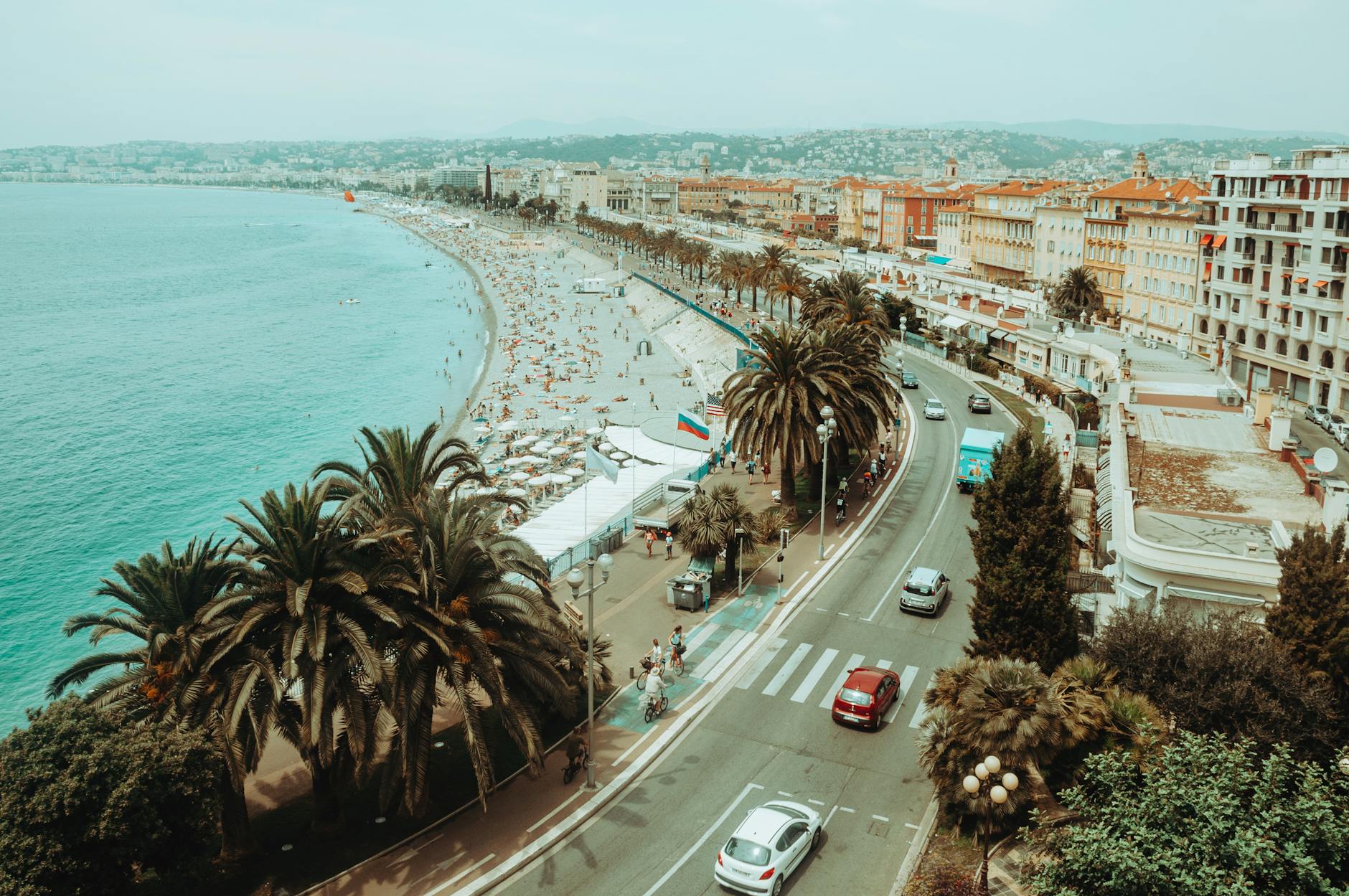 Aerial view of the Promenade des Anglais and blue sea