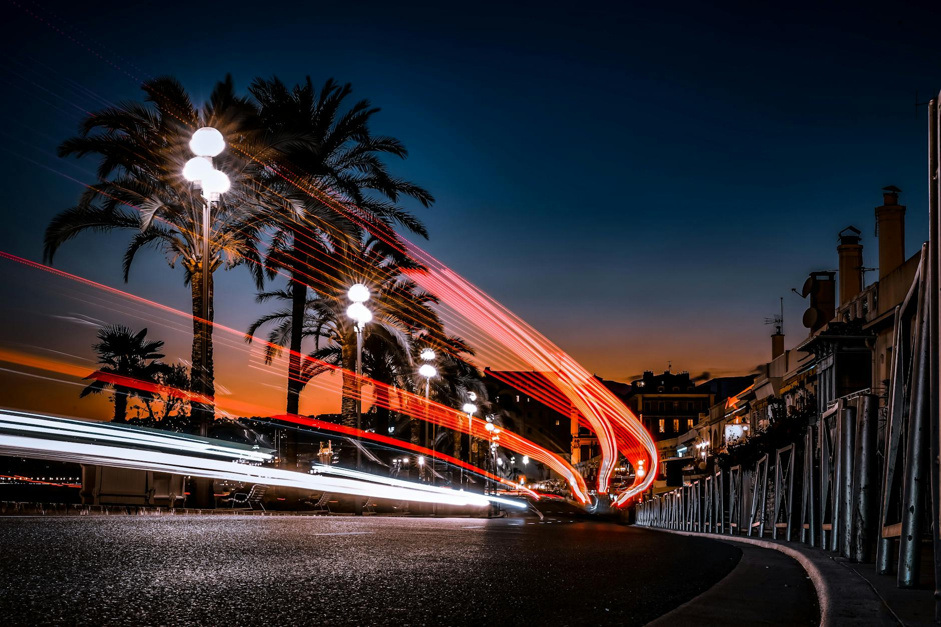 Night view of a palm-lined street in Nice with car light trails