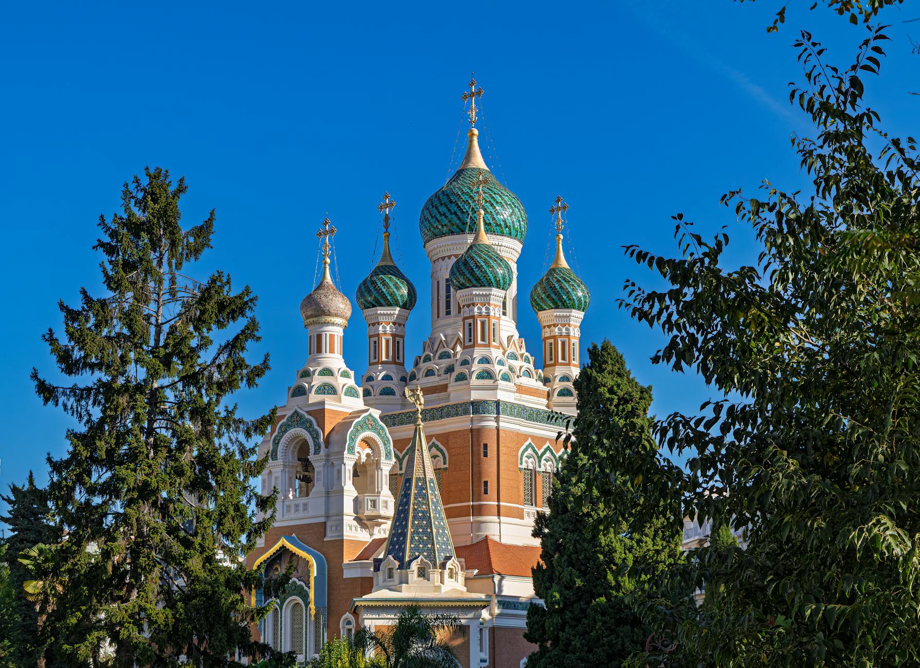 St Nicholas Russian Orthodox Cathedral in Nice under a blue sky