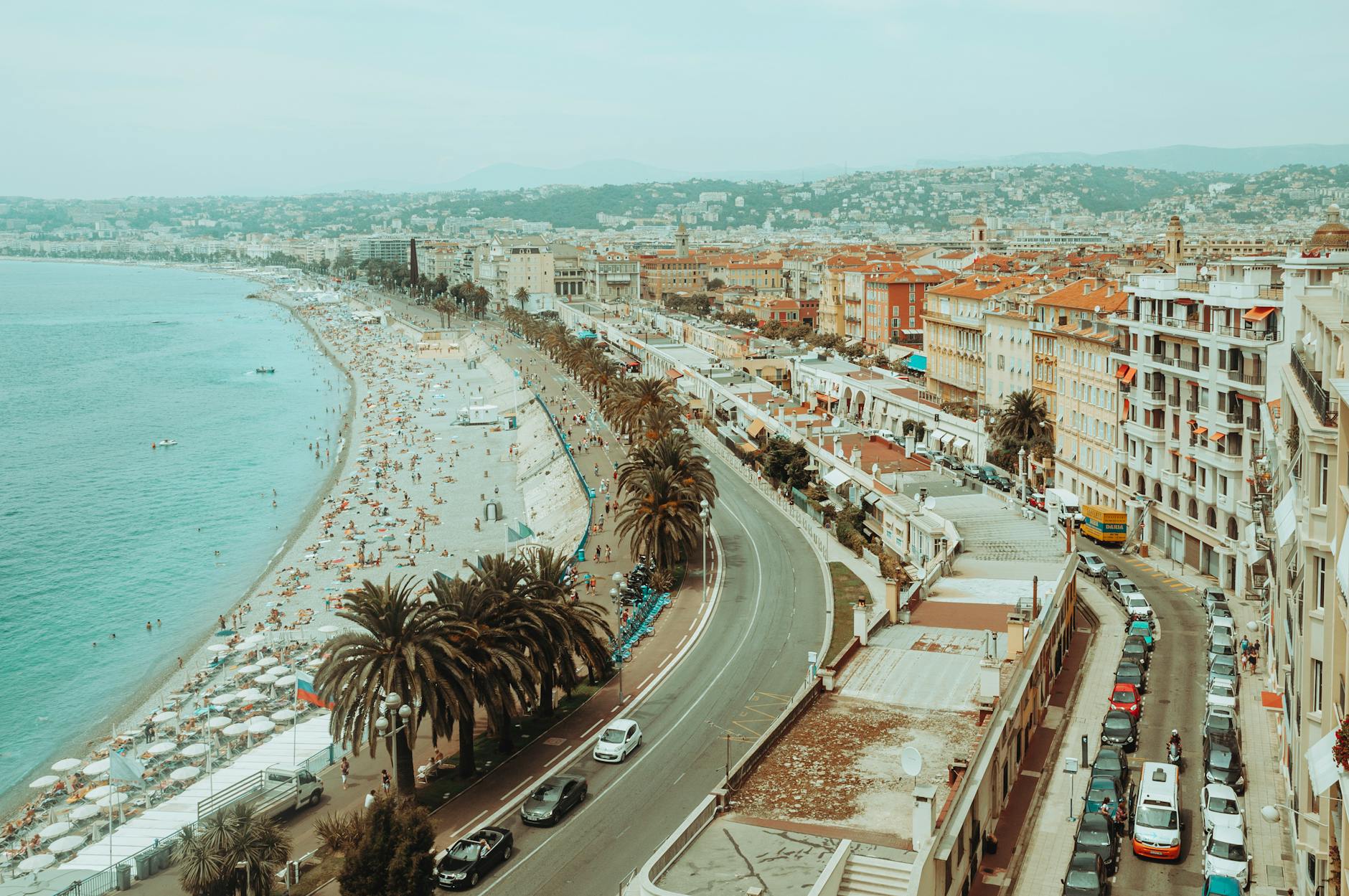Aerial view of Nice beachfront and city architecture