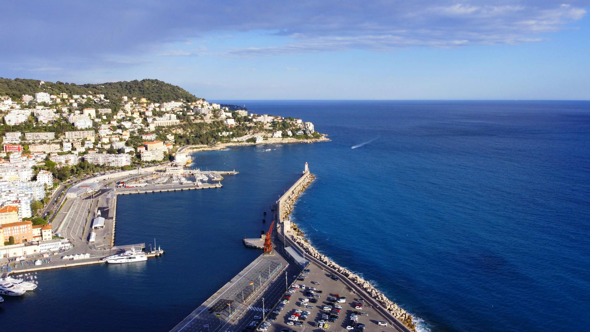 Aerial view of Nice coastline and harbor in Provence-Alpes-Cote d'Azur