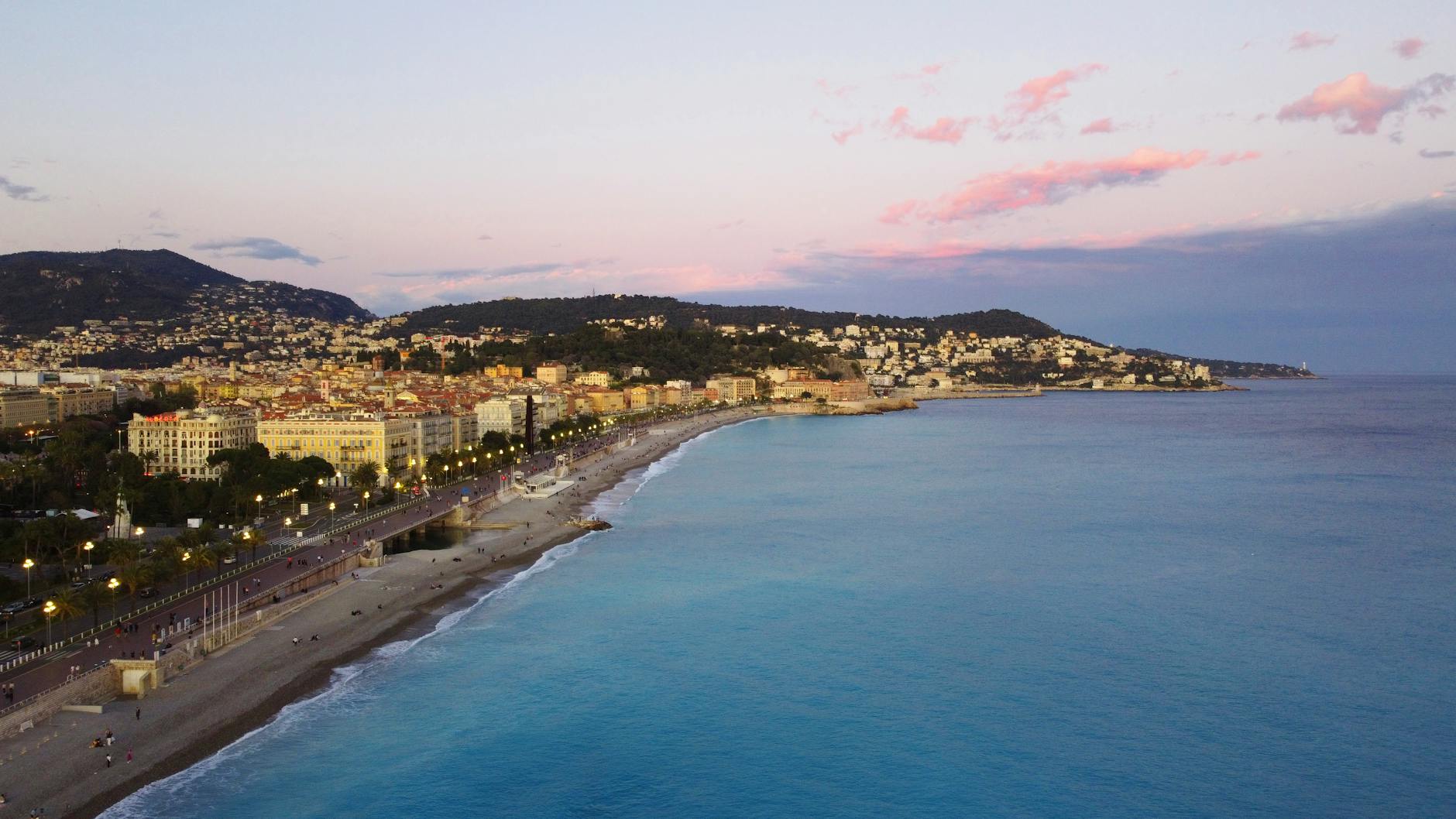 Aerial view of the Promenade des Anglais and Nice at sunset
