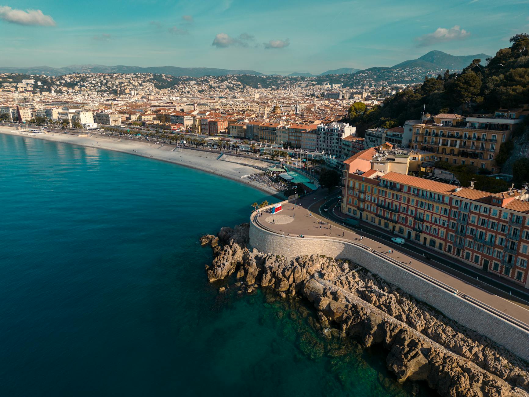 Nice coastal cityscape and waterfront road beside the Mediterranean