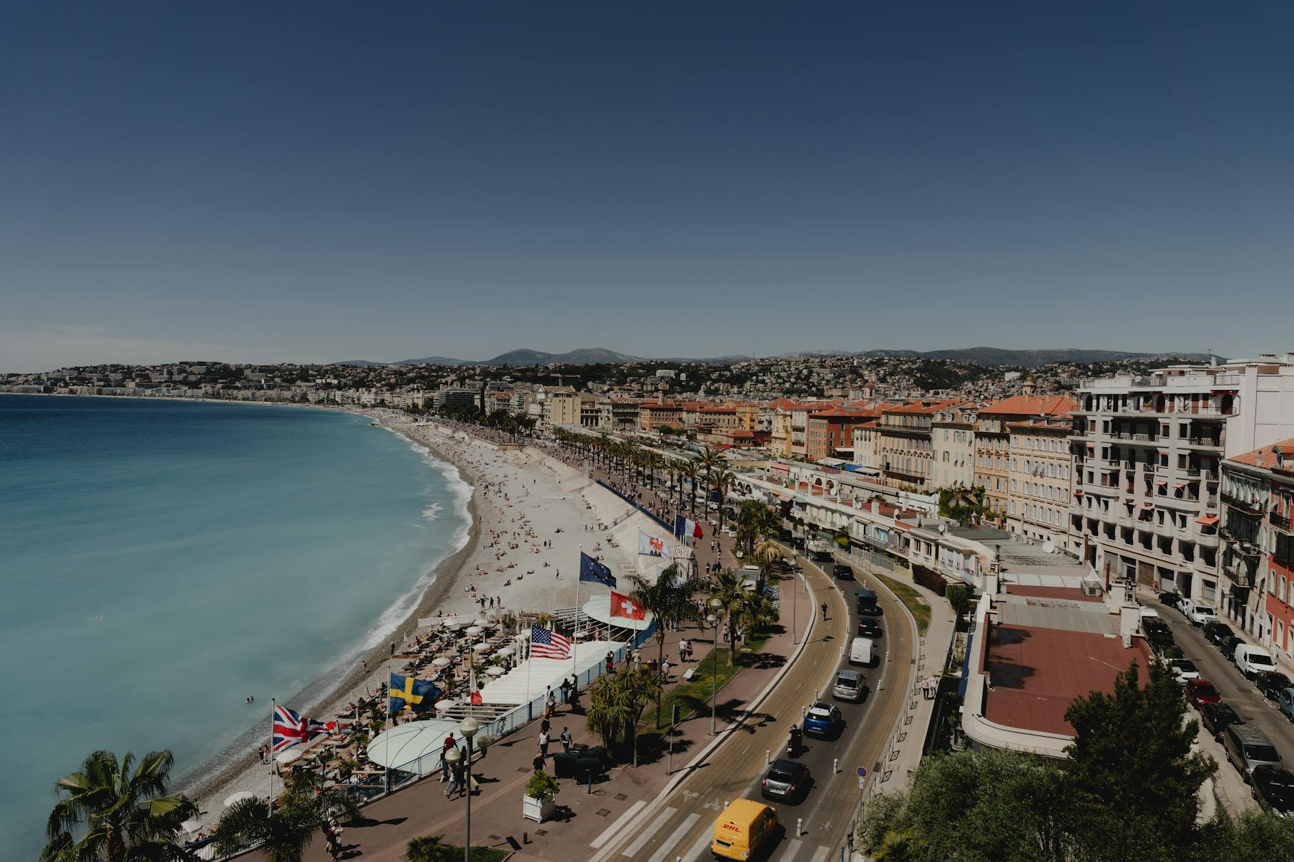 Aerial view of Nice coastline and city blocks on the French Riviera
