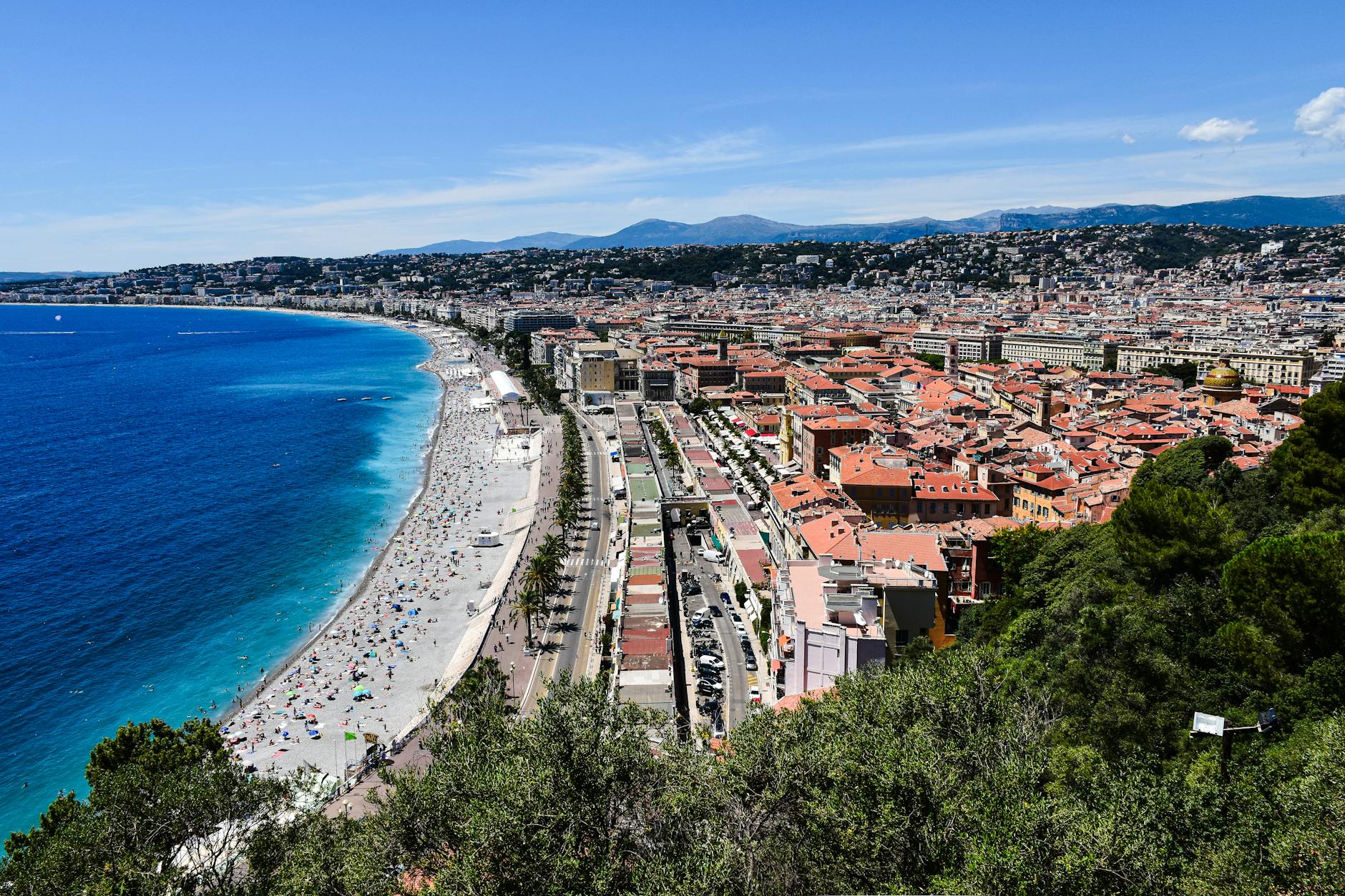Aerial view of Nice, the Mediterranean coastline, and the Promenade des Anglais
