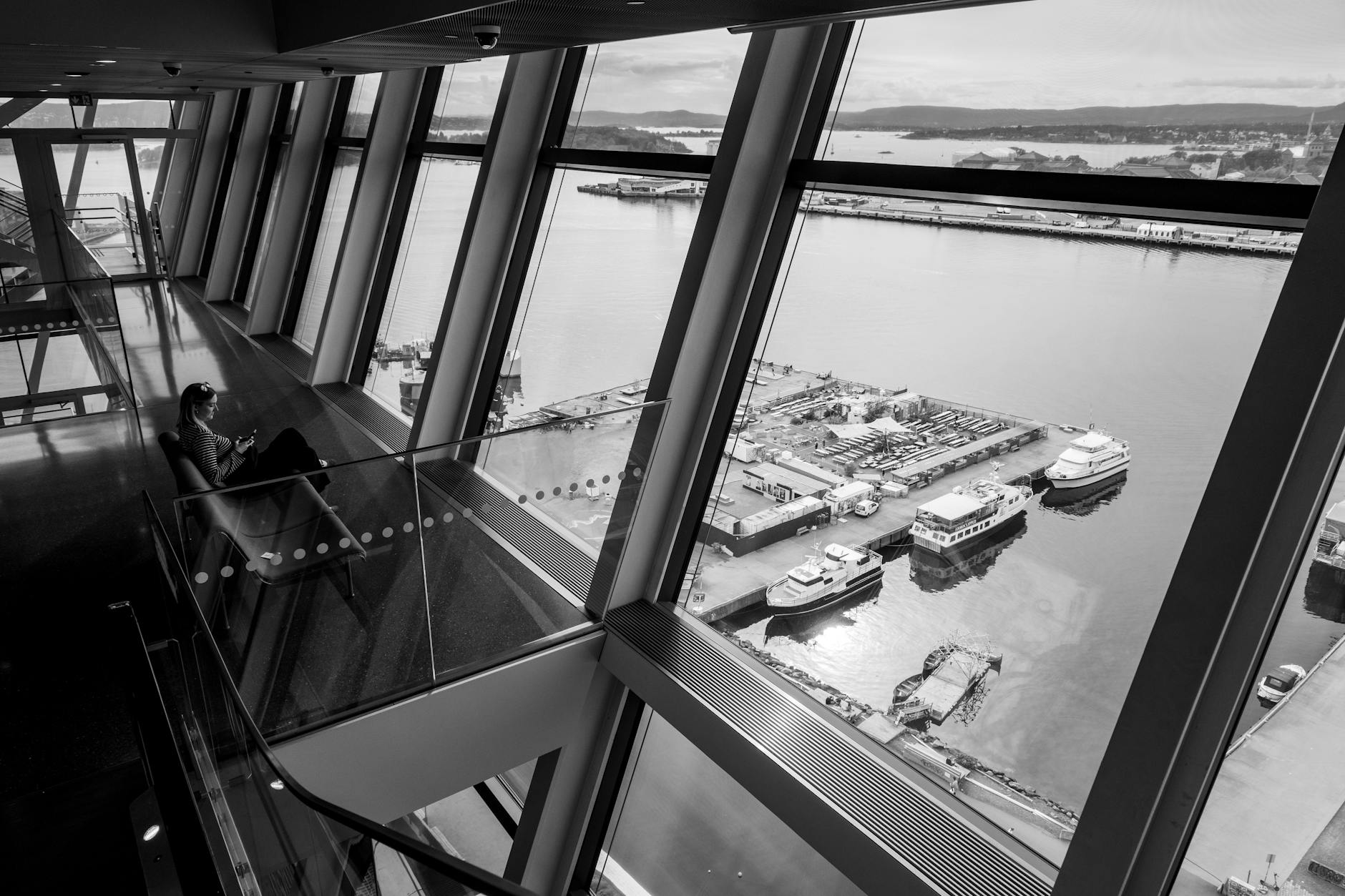 Oslo waterfront view from inside a contemporary building