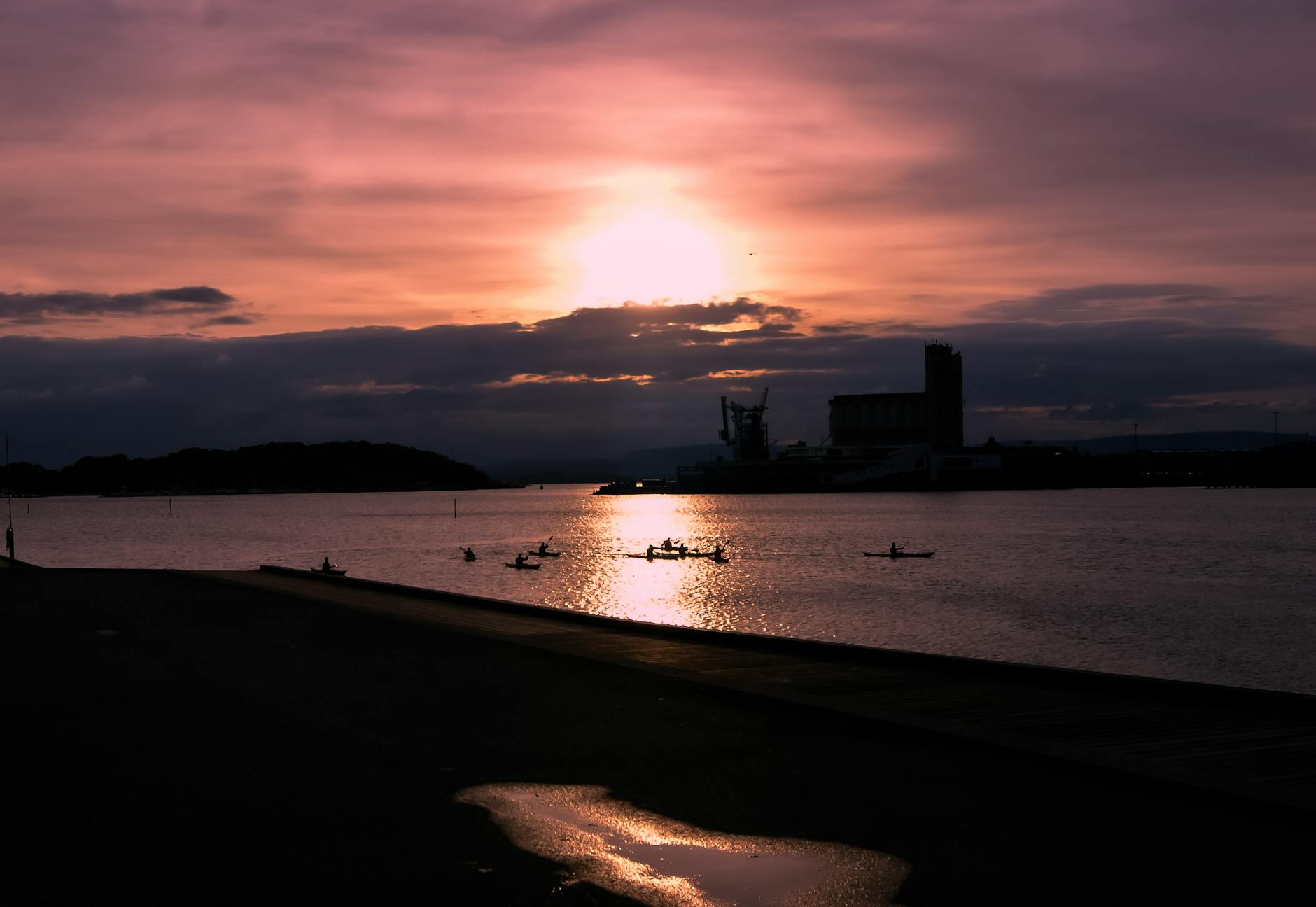 Kayakers silhouetted on Oslo Fjord at sunset