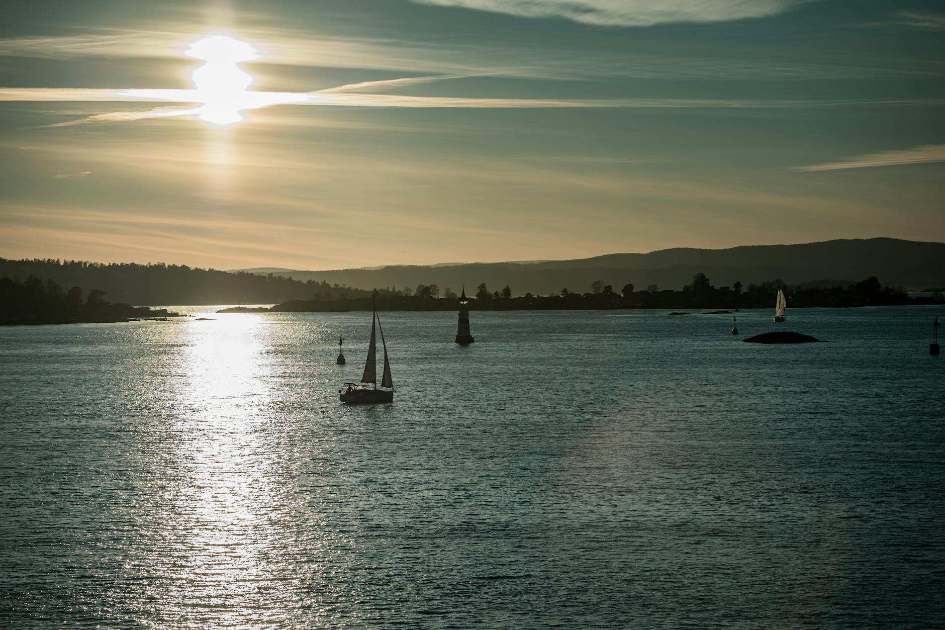 Sailboats on Oslo Fjord at sunset