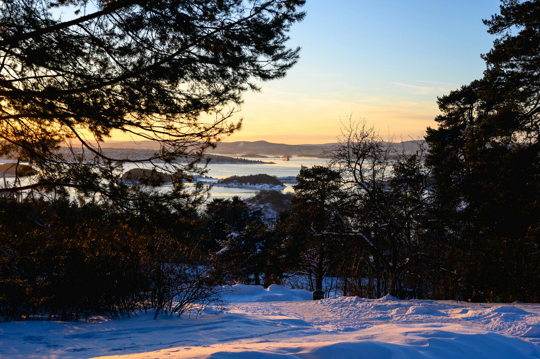 Snowy landscape and forest near Oslo at sunset