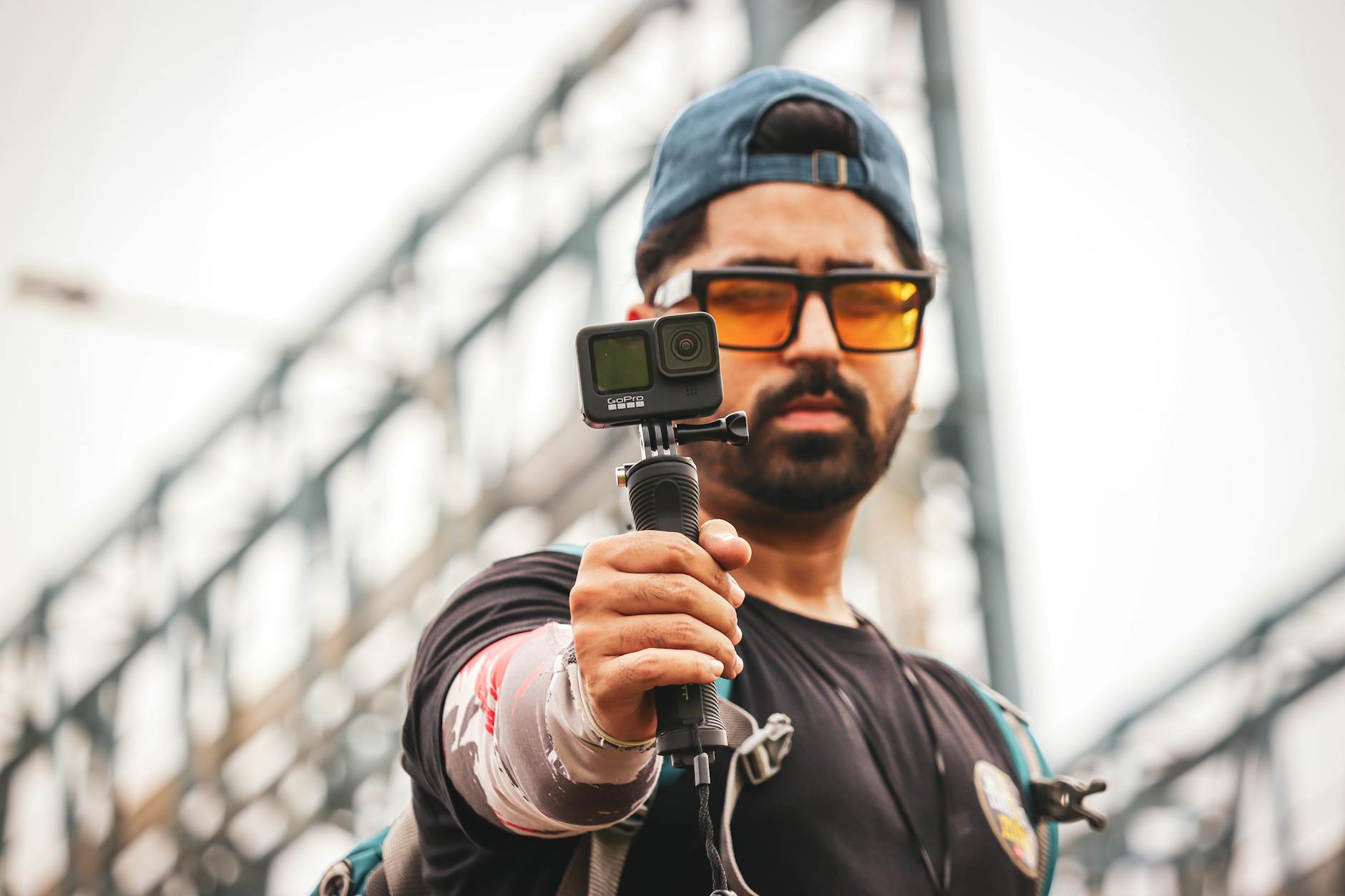 Creator filming outdoors with an action camera