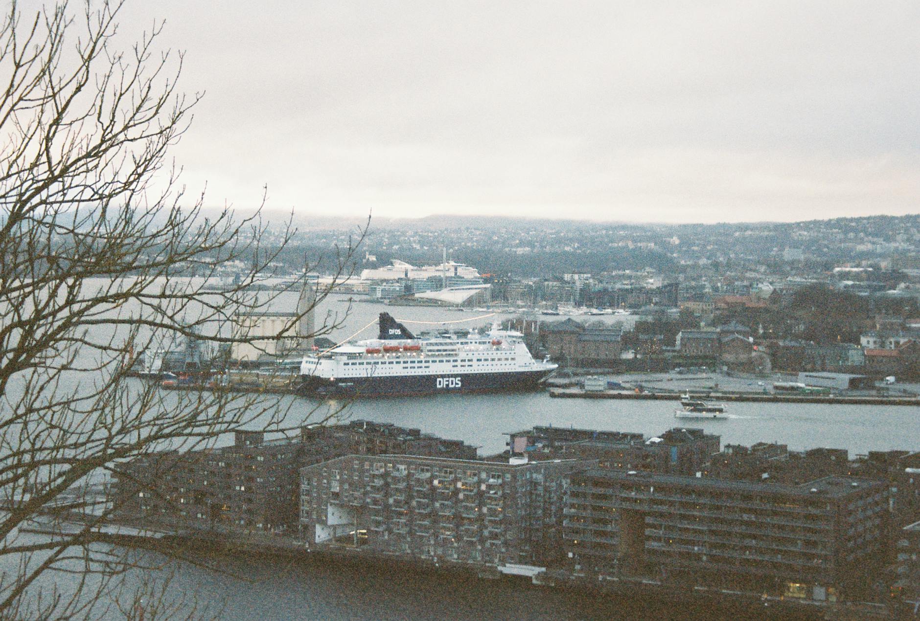 Winter view of a cruise ship docked in Oslo Harbour