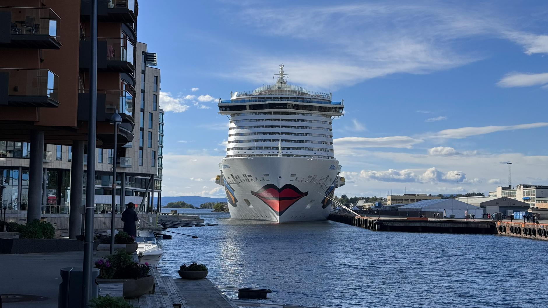 Large cruise ship docked at the Oslo waterfront on a clear day