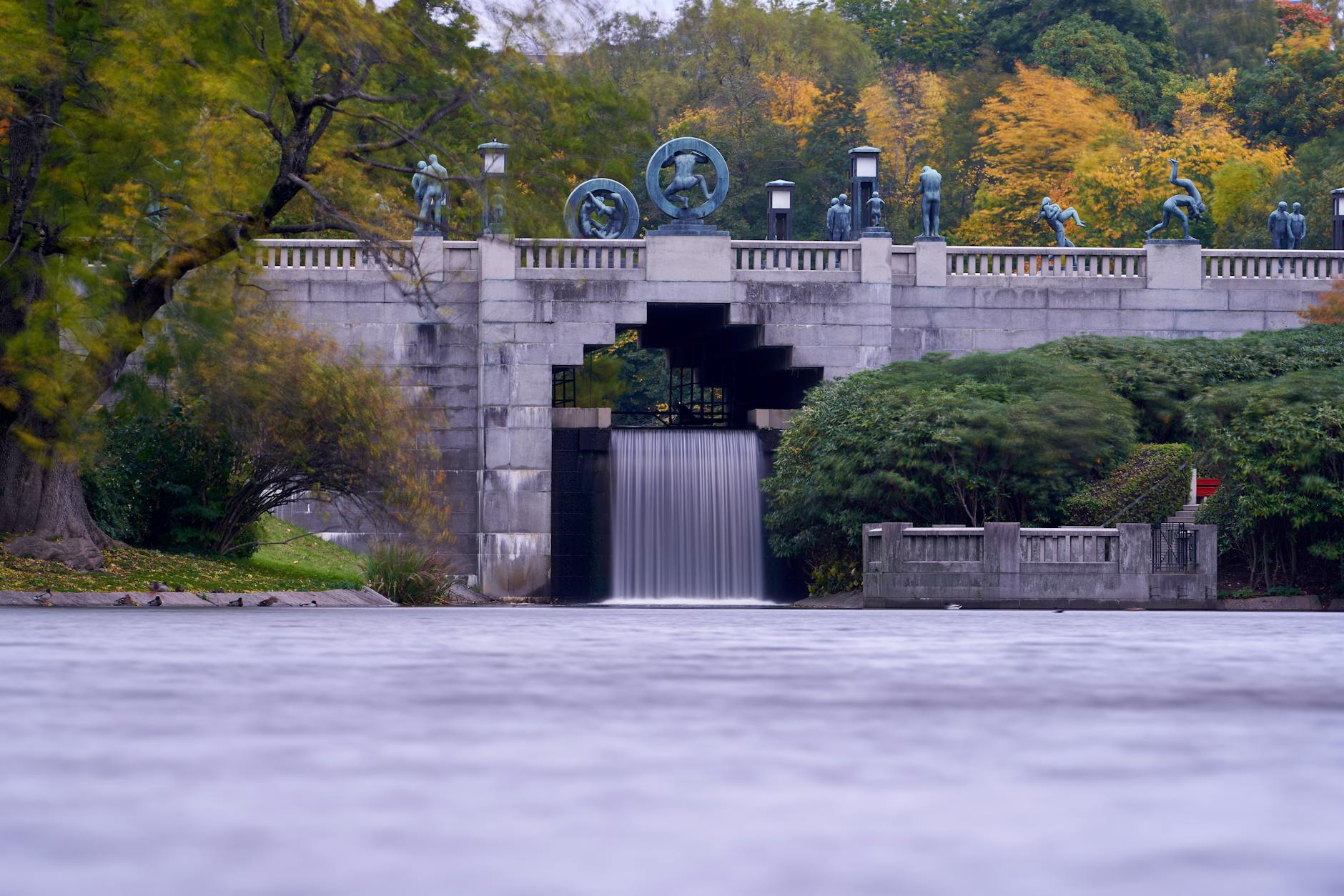 Sculptures and water feature in an Oslo park