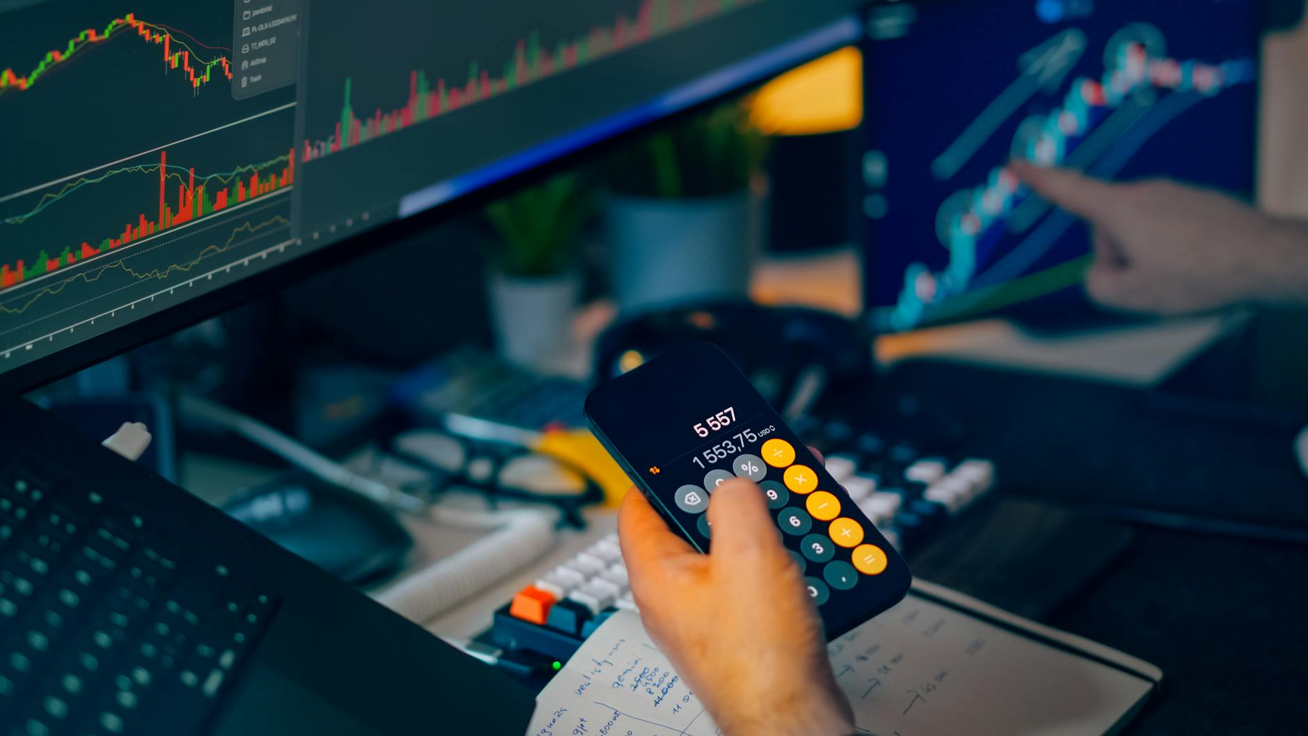 Financial trading screens with calculator and data charts