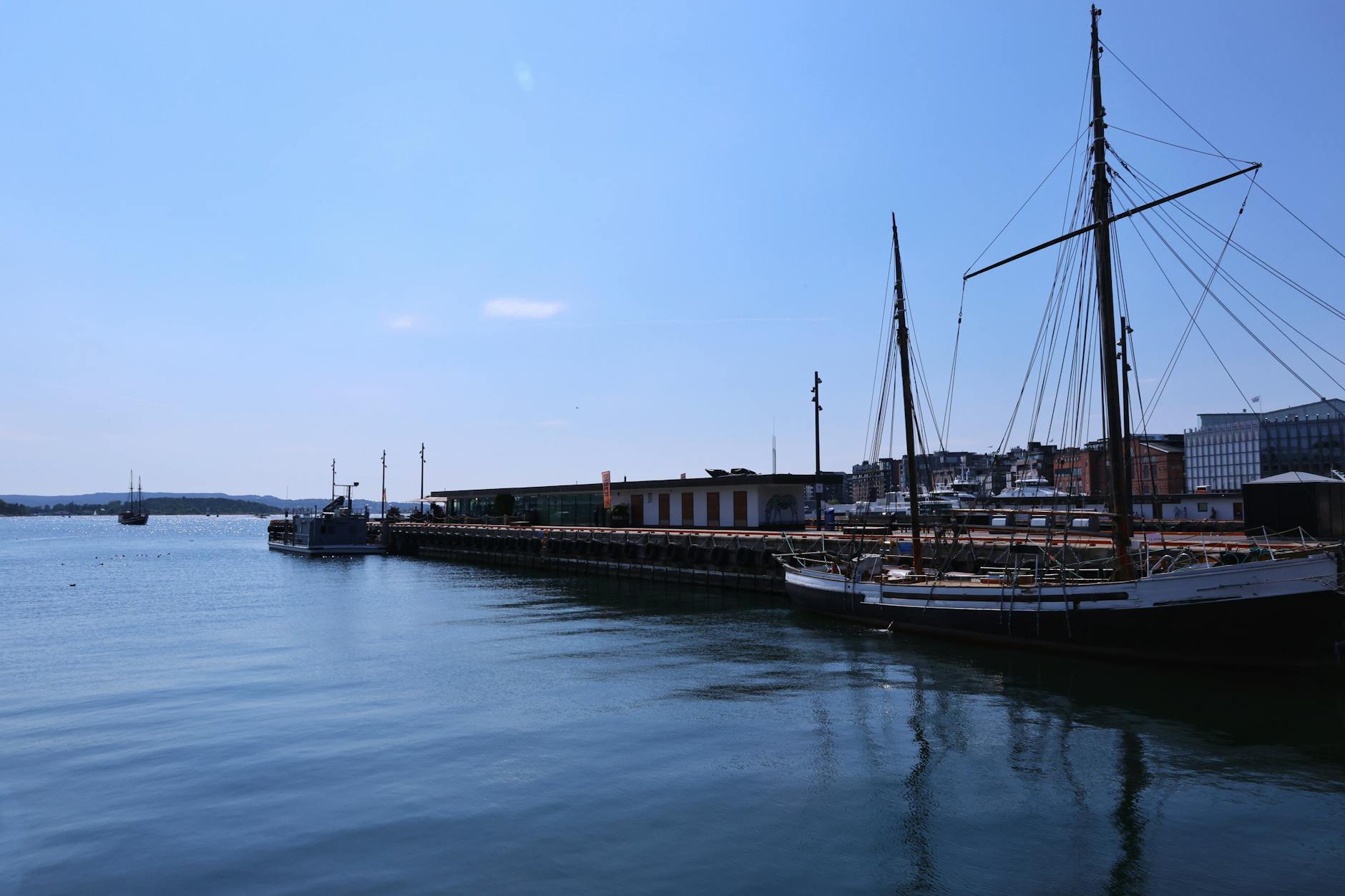 Sailboats anchored at an Oslo marina on a clear summer day