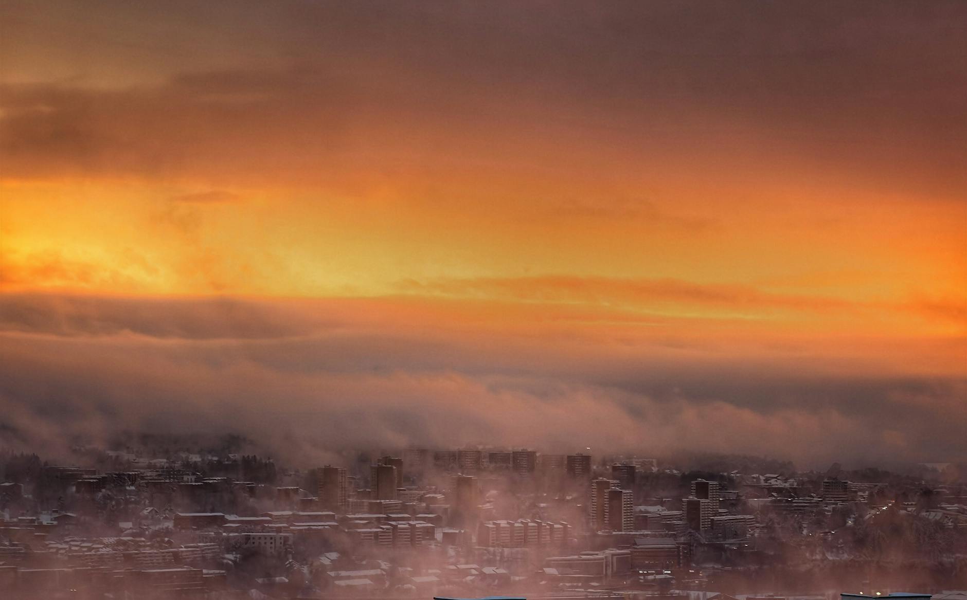 Oslo skyline in evening fog and golden light